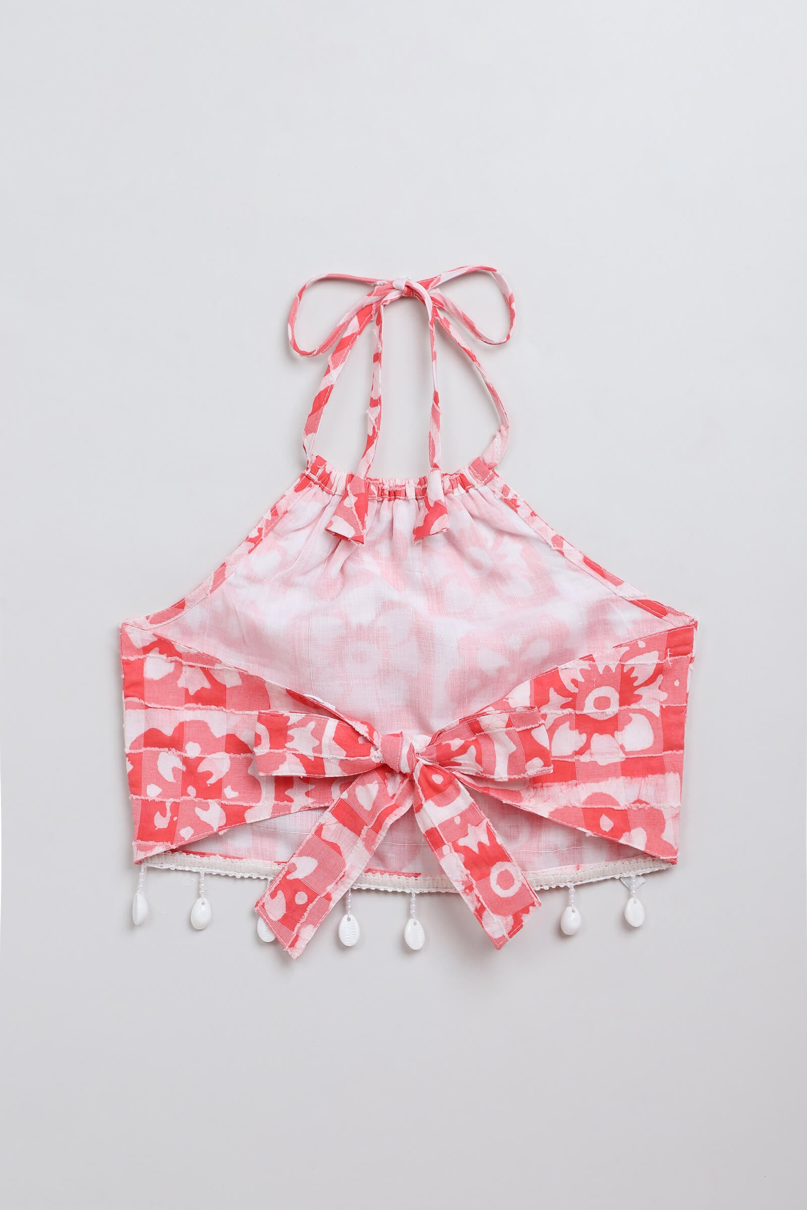 100% cotton woven sleeveless Floral checks printed Halter crop Top and slit skirt set- Red & white