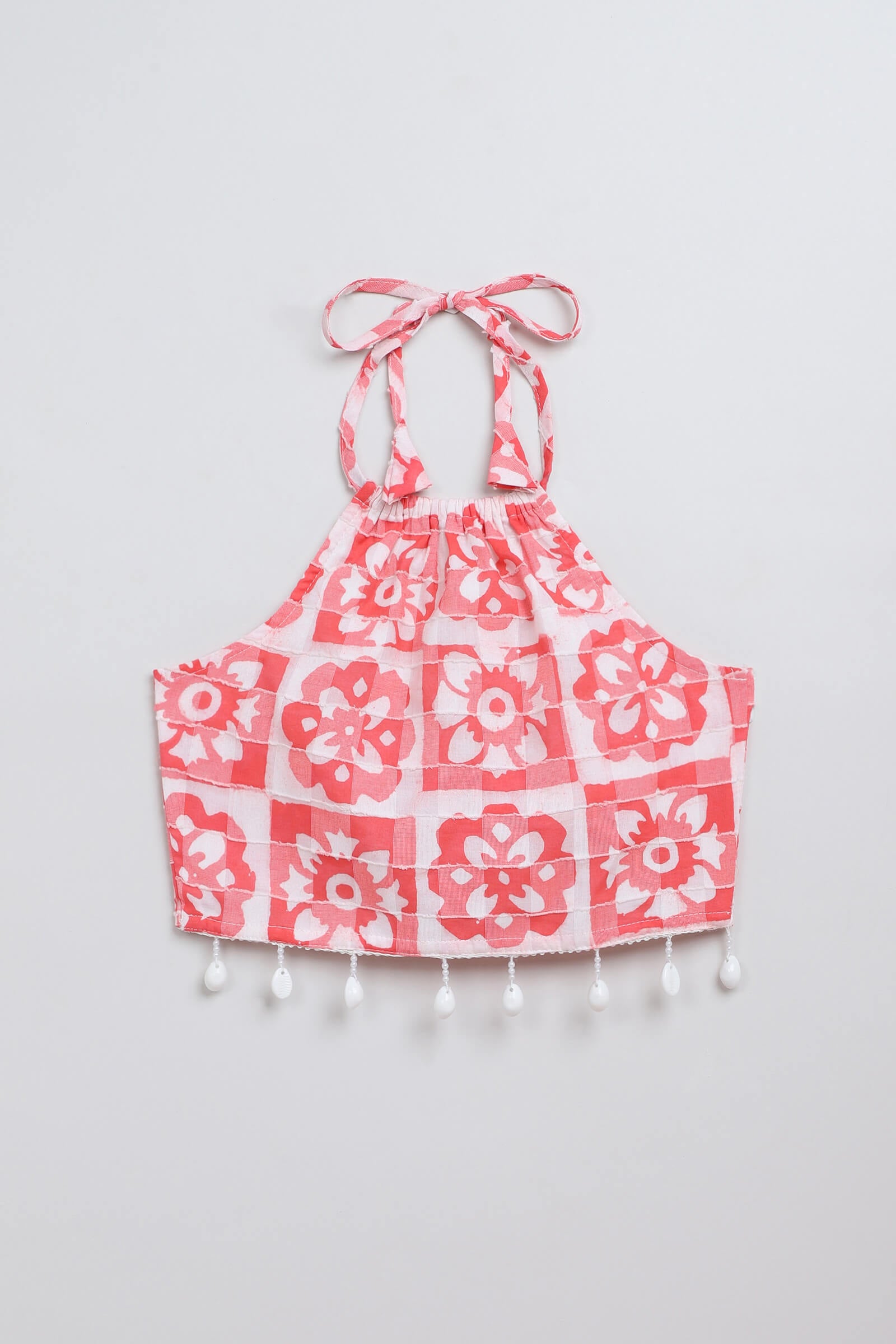 100% cotton woven sleeveless Floral checks printed Halter crop Top and slit skirt set- Red & white