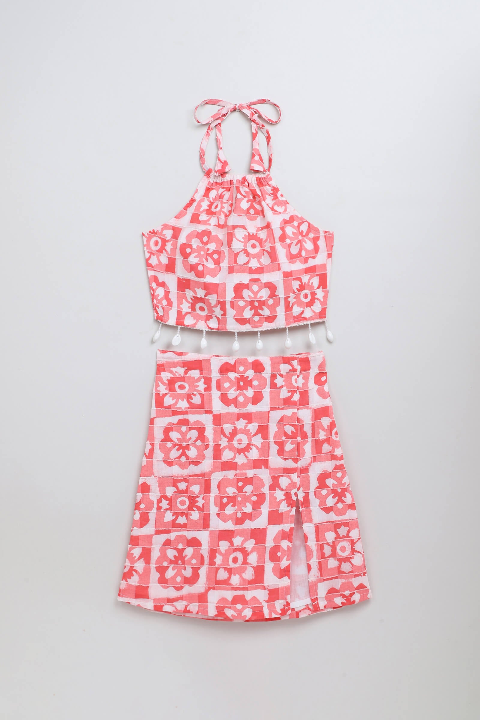 100% cotton woven sleeveless Floral checks printed Halter crop Top and slit skirt set- Red & white