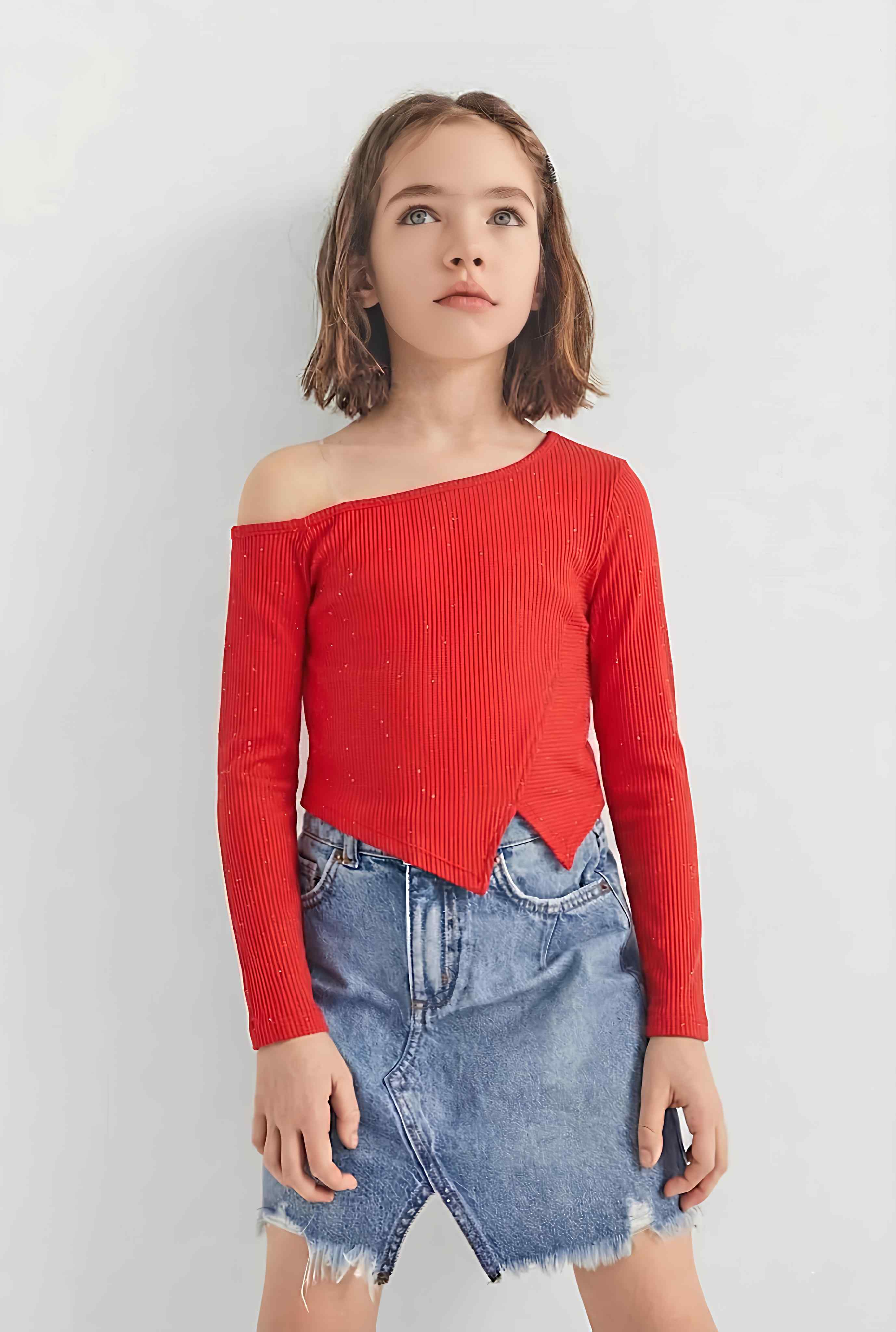 Rib One shoulder Solid Asymmetrical style Top- Red