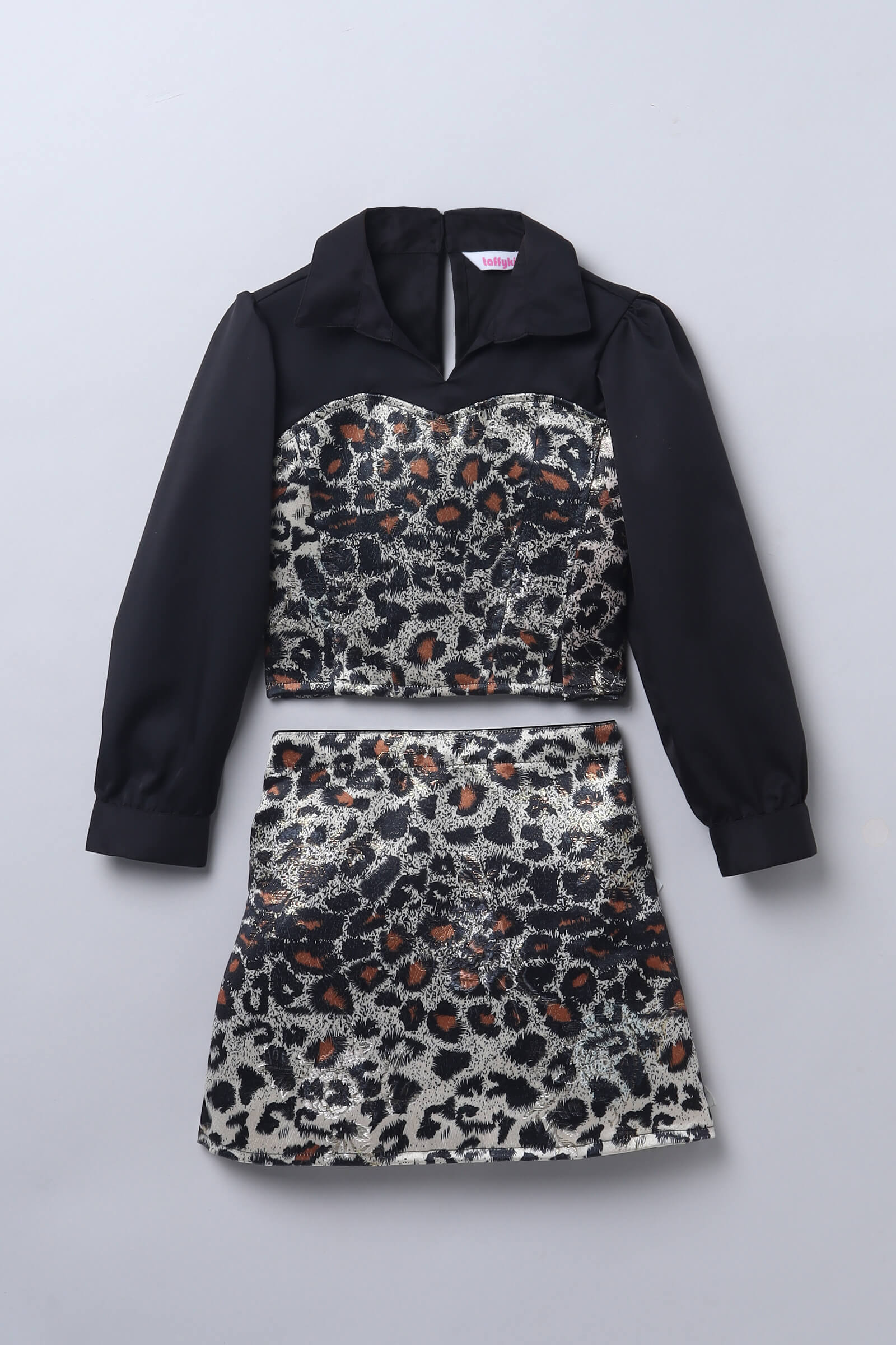 satin full sleeves brocade leopard printed zip up crop top and Matching skirt set- Black & Gold