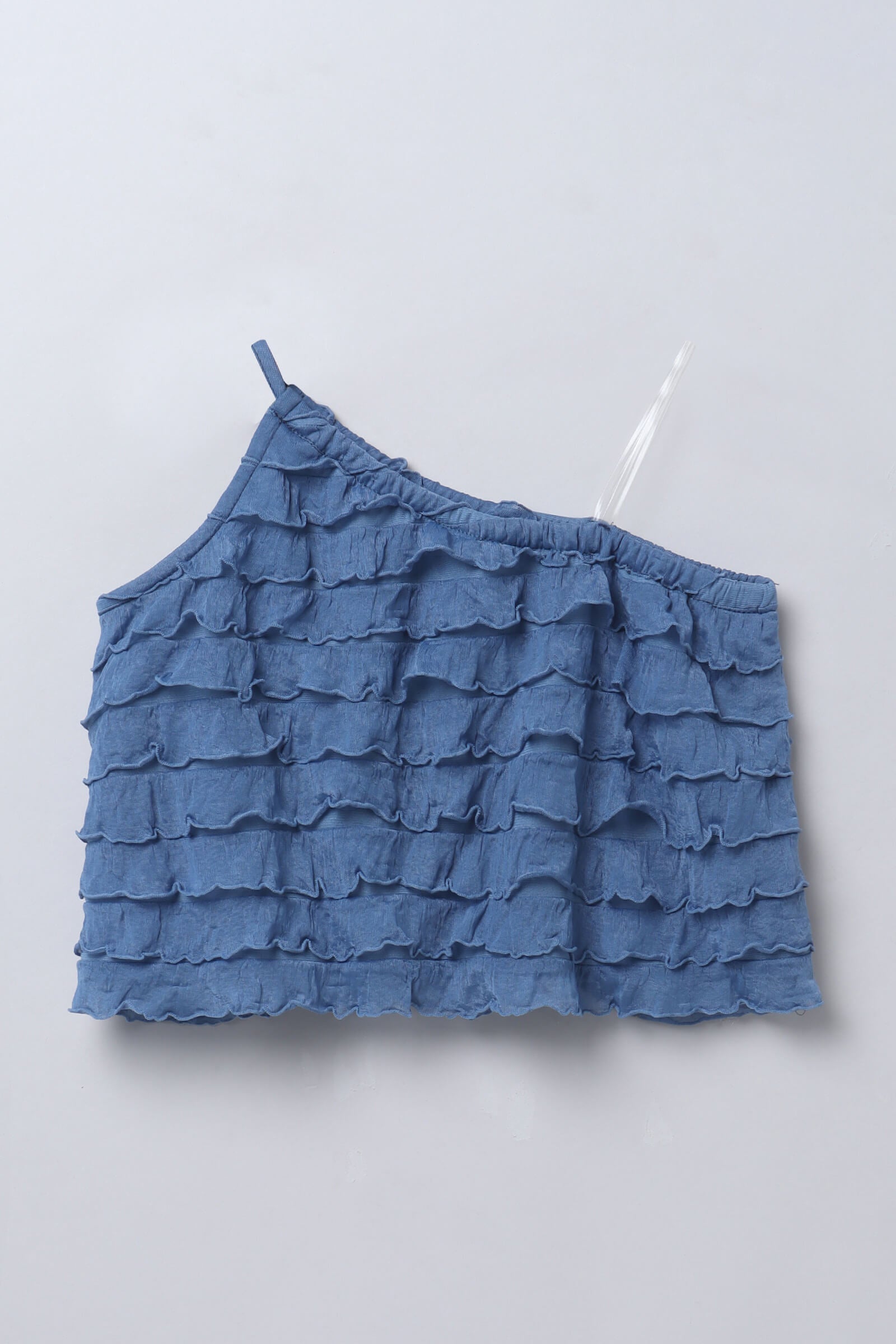ruffle layered sleeveless Asymmetric neck Aline party crop top-Blue grey