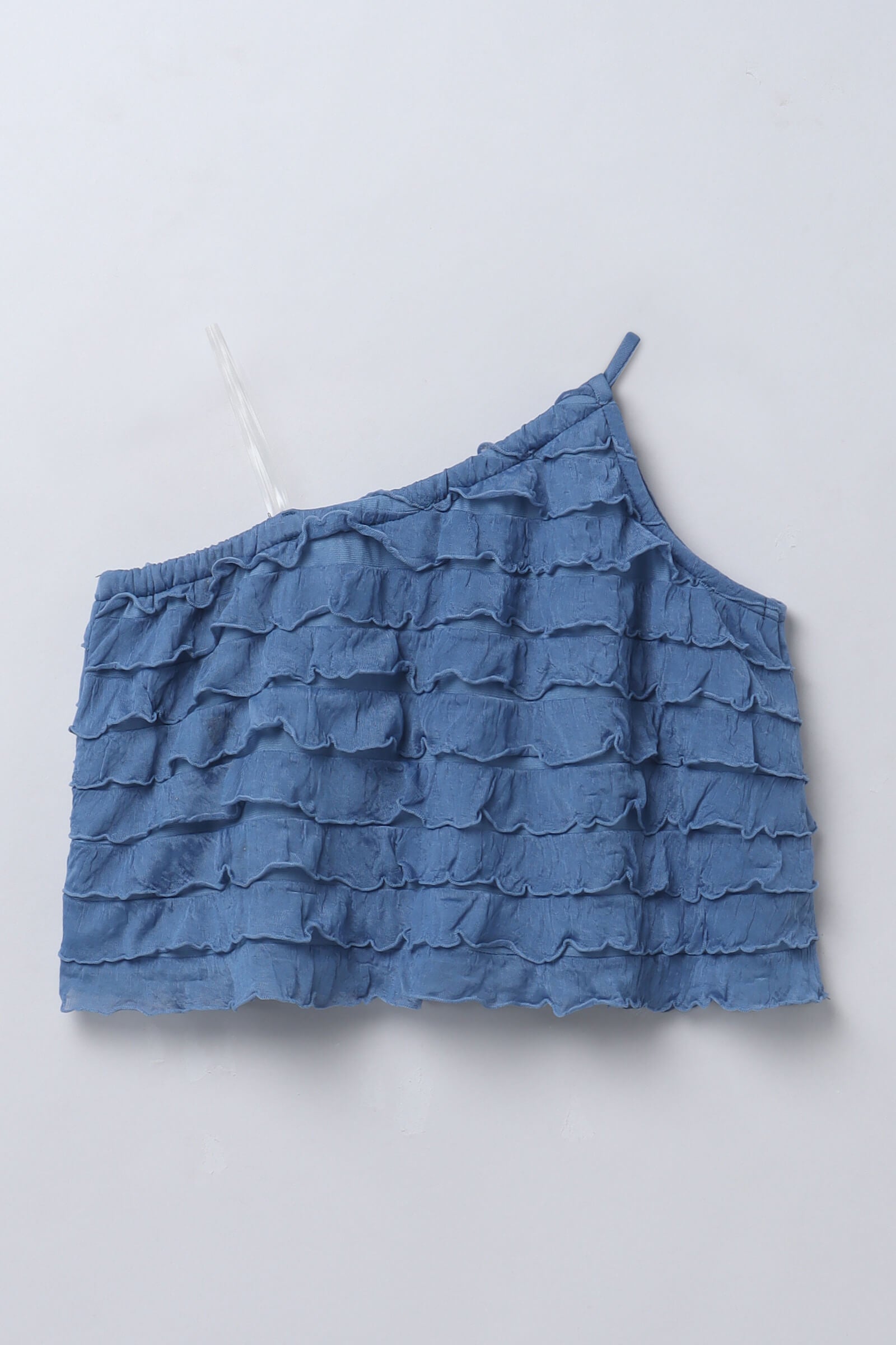 ruffle layered sleeveless Asymmetric neck Aline party crop top-Blue grey