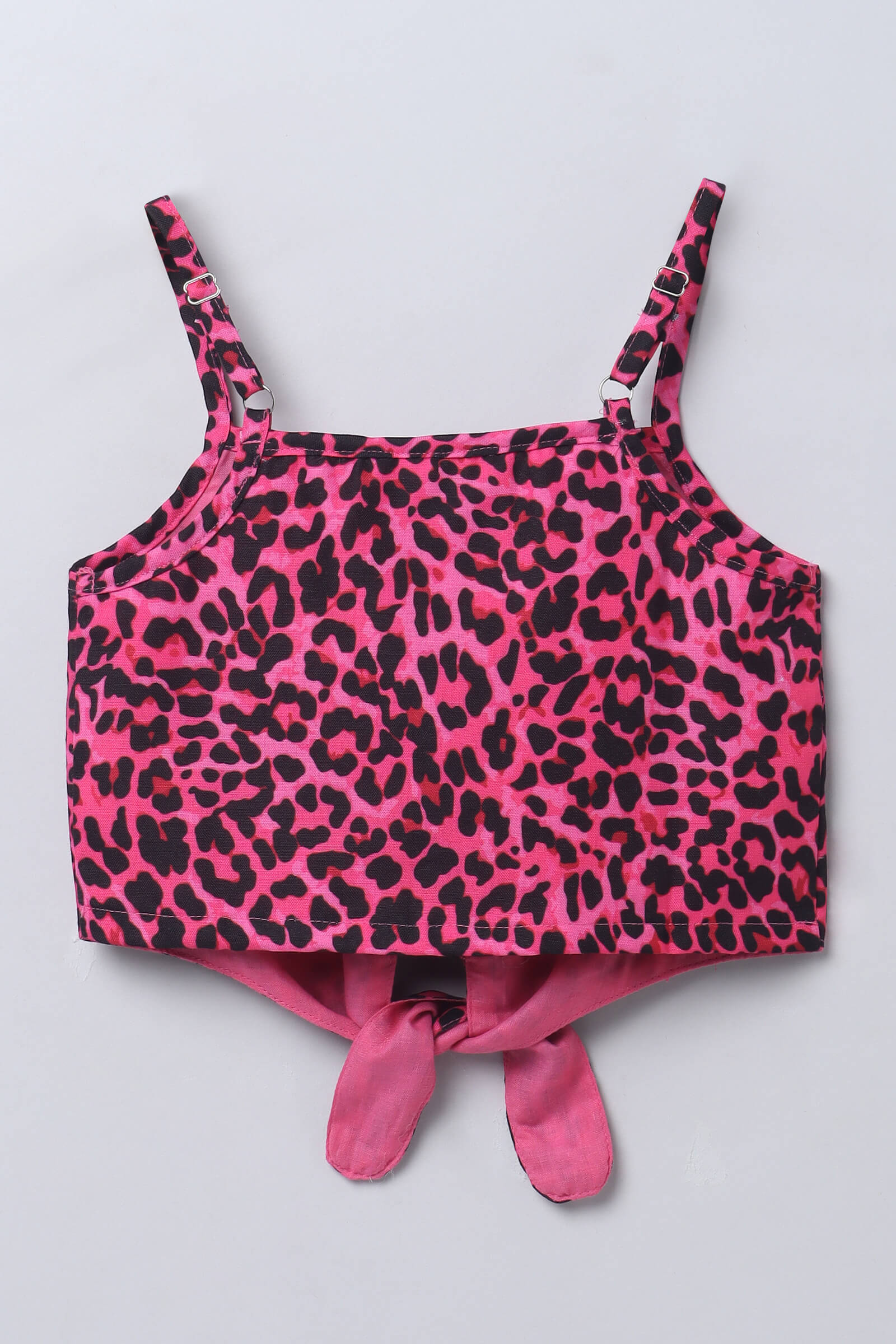Linen sleeveless Animal printed singlet tie up crop top-Black & Pink