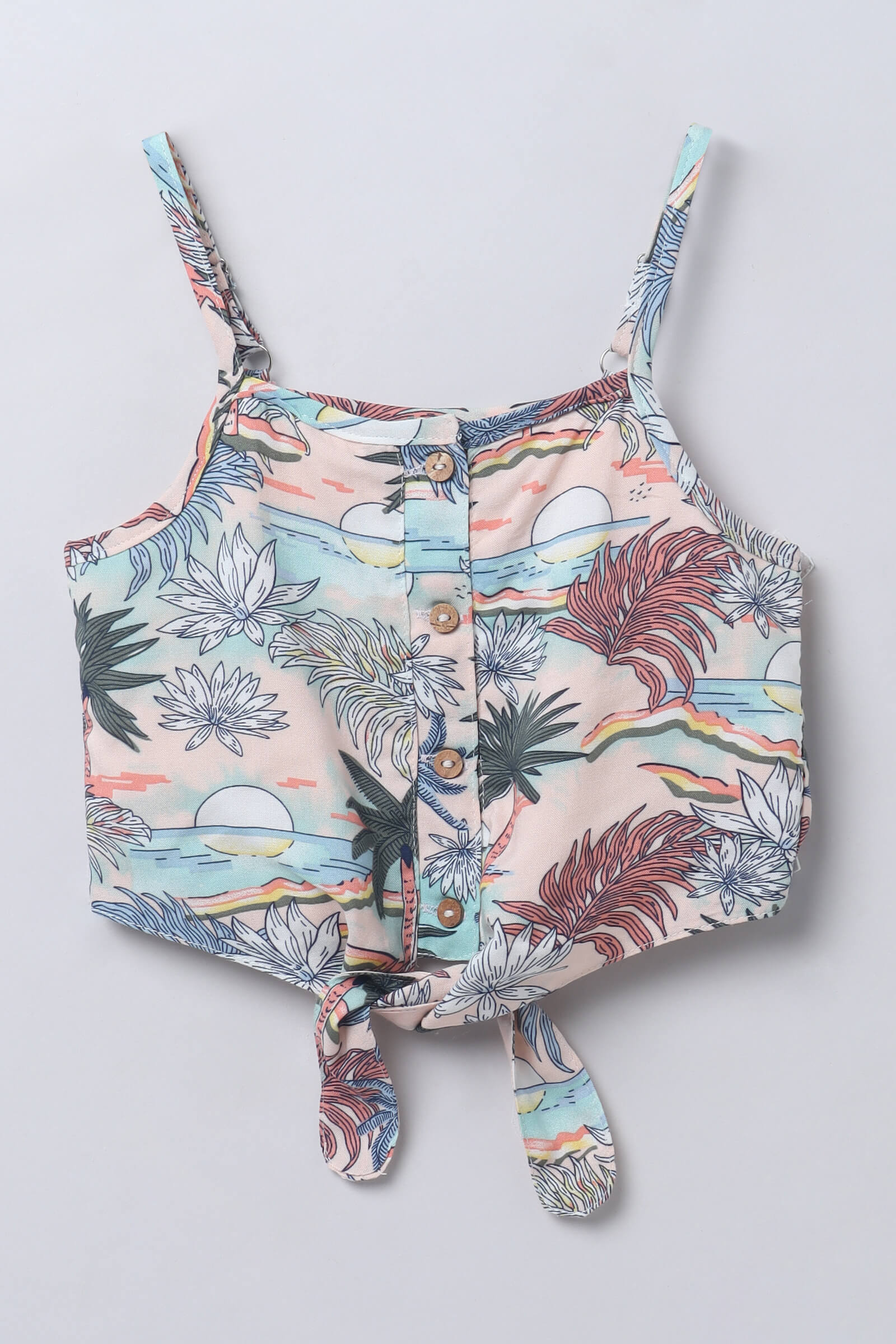Linen sleeveless Tropical printed singlet tie up crop top-Peach and Multi