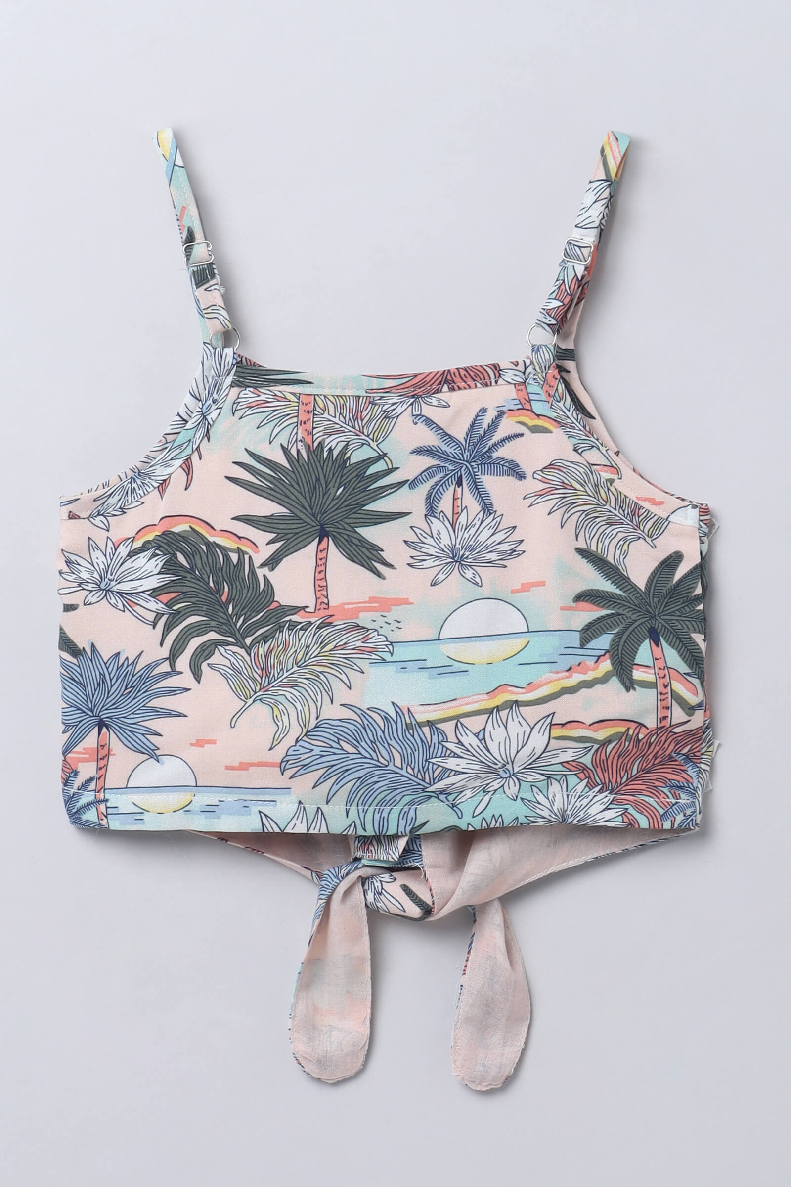 Linen sleeveless Tropical printed singlet tie up crop top-Peach and Multi