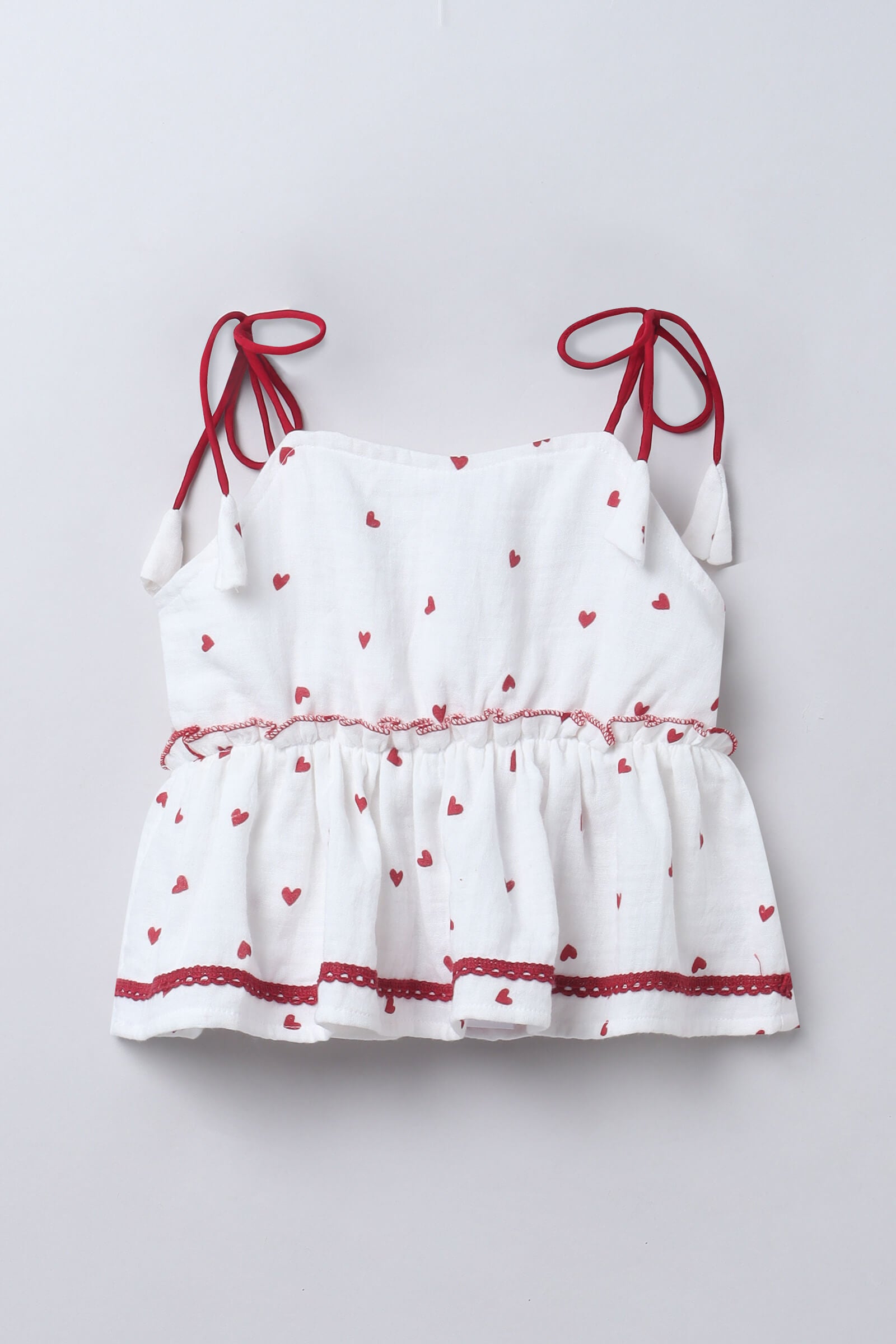 100% cotton Sleeveless heart printed lace detail peplum Top-White & red