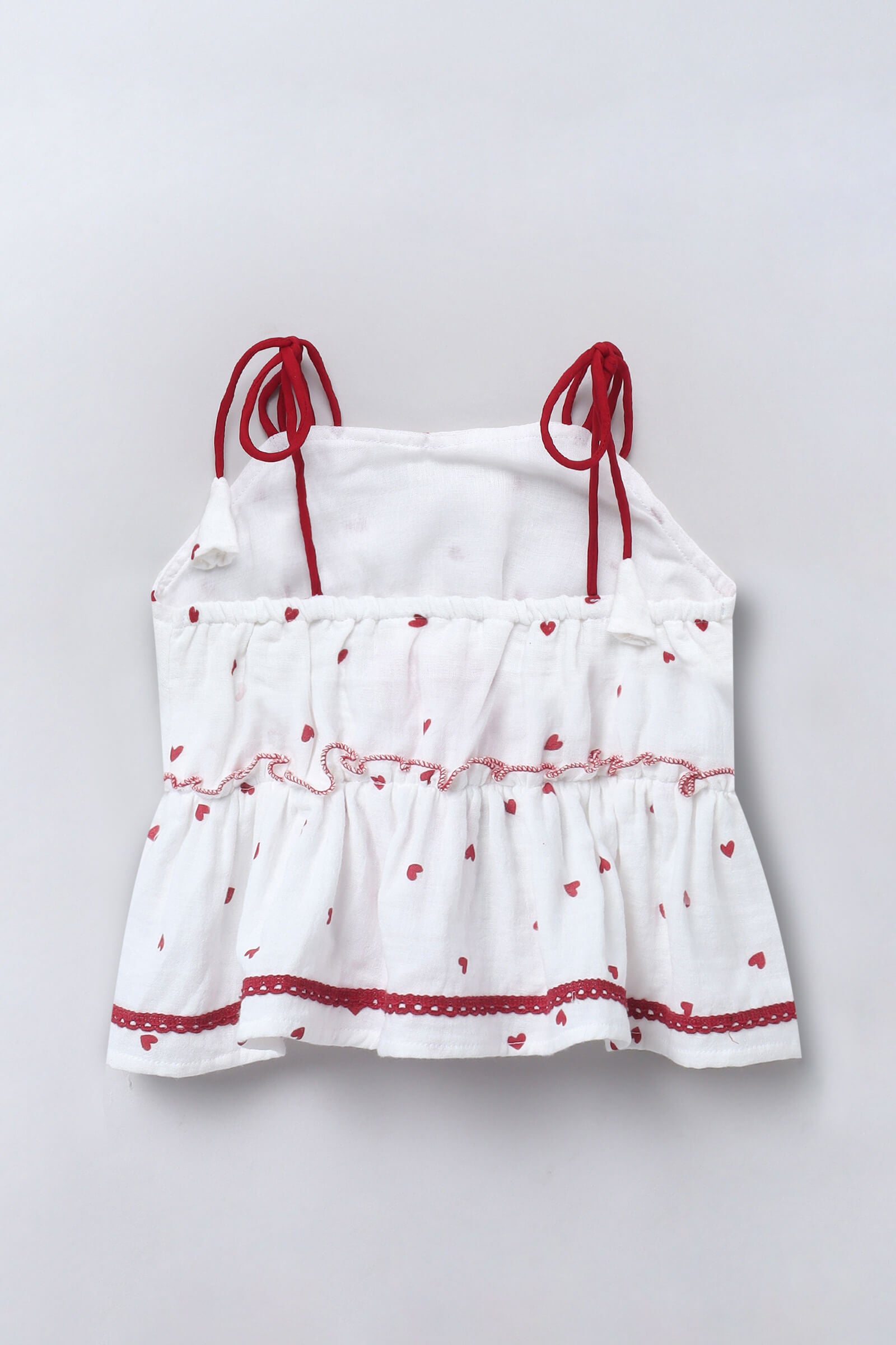 100% cotton Sleeveless heart printed lace detail peplum Top-White & red