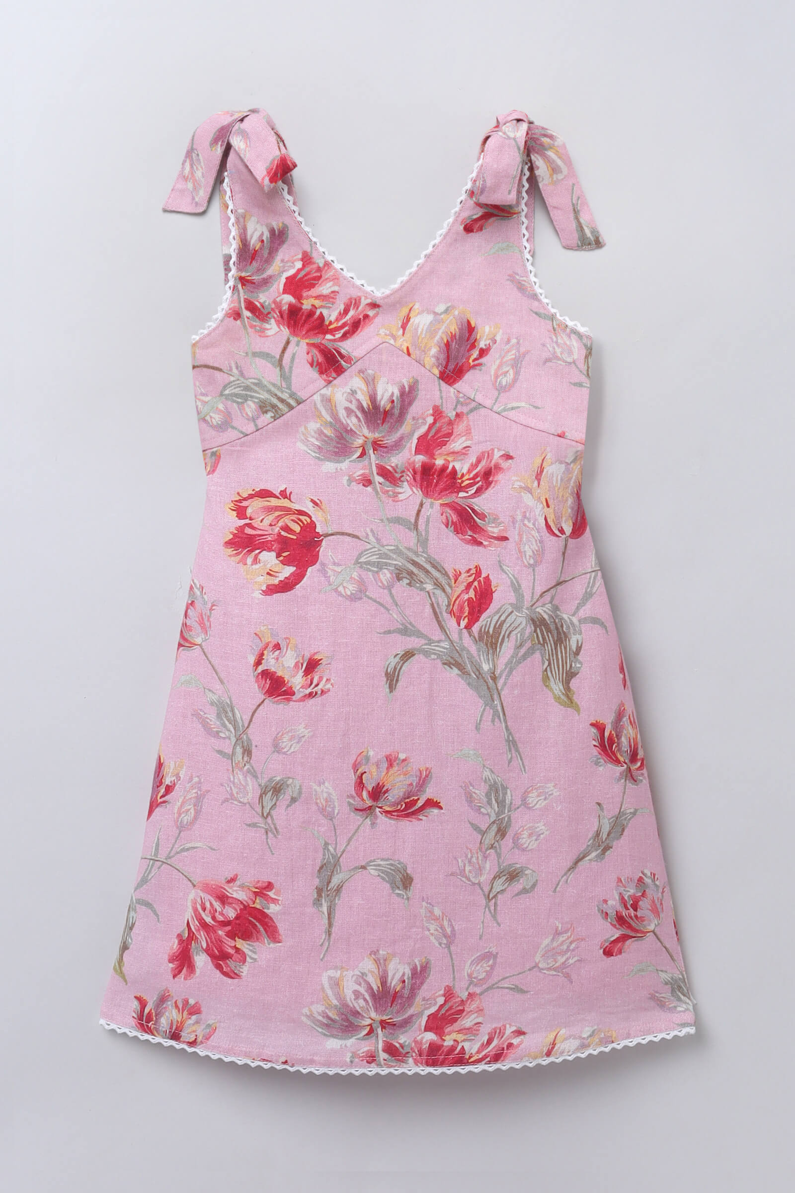 100% linen Sleeveless floral printed lace detail shoulder tie Dress- Pink & Multi