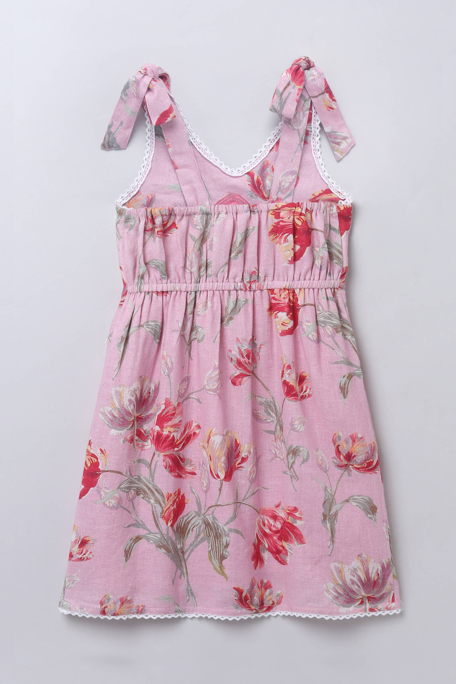 100% linen Sleeveless floral printed lace detail shoulder tie Dress- Pink & Multi