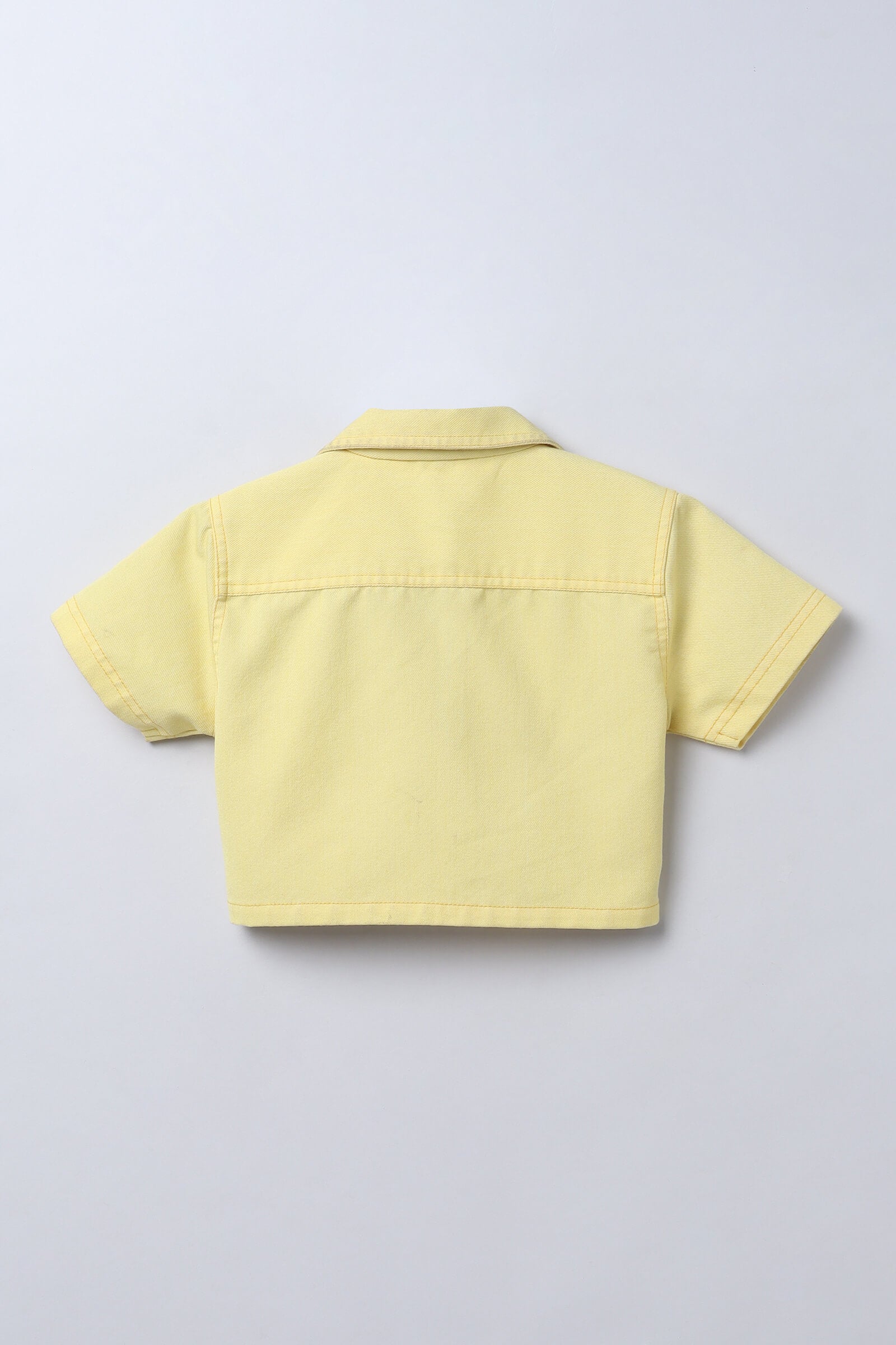 top stitch detailed denim half sleeves zipper shirt with matching skort set-Yellow