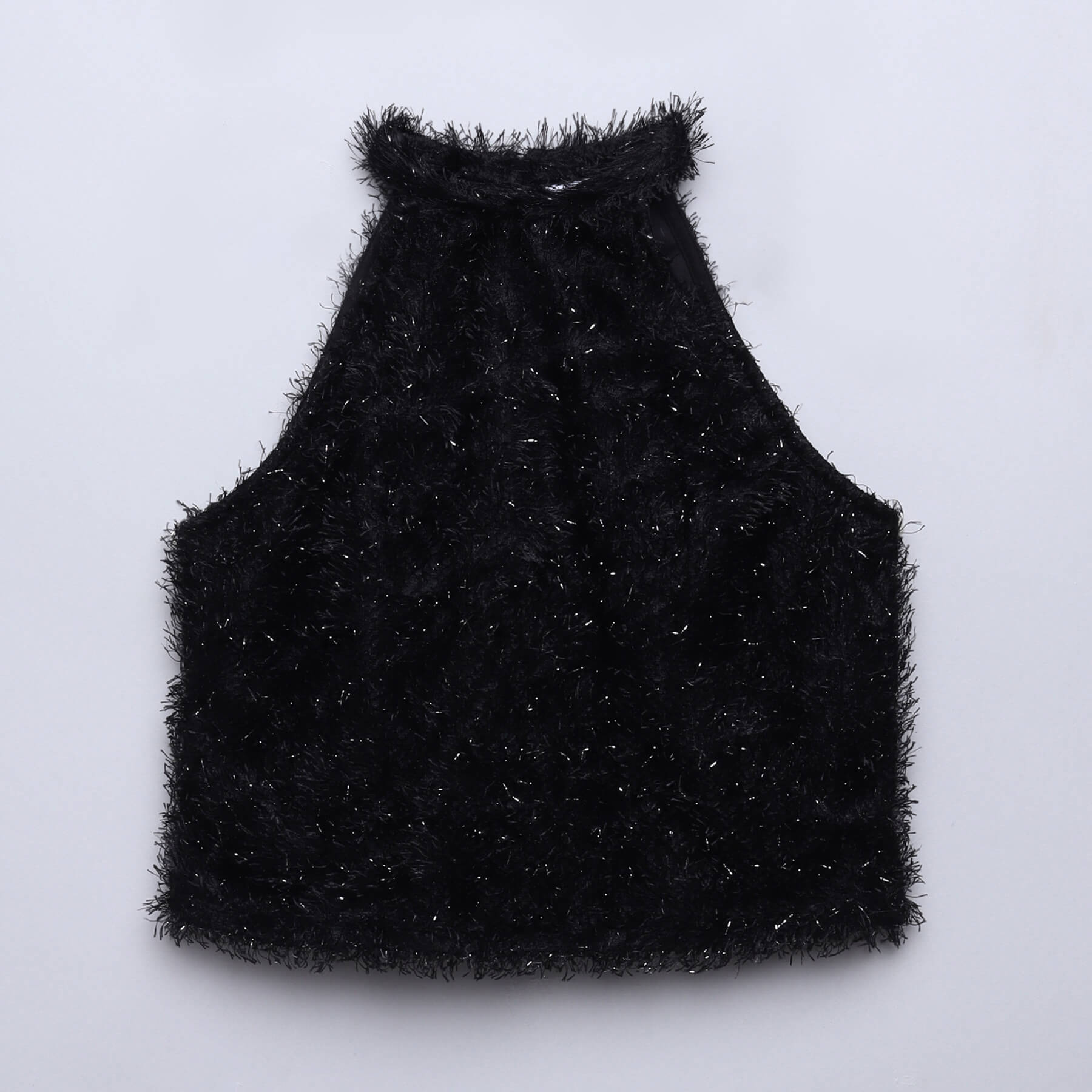 fur halter neck party top-Black