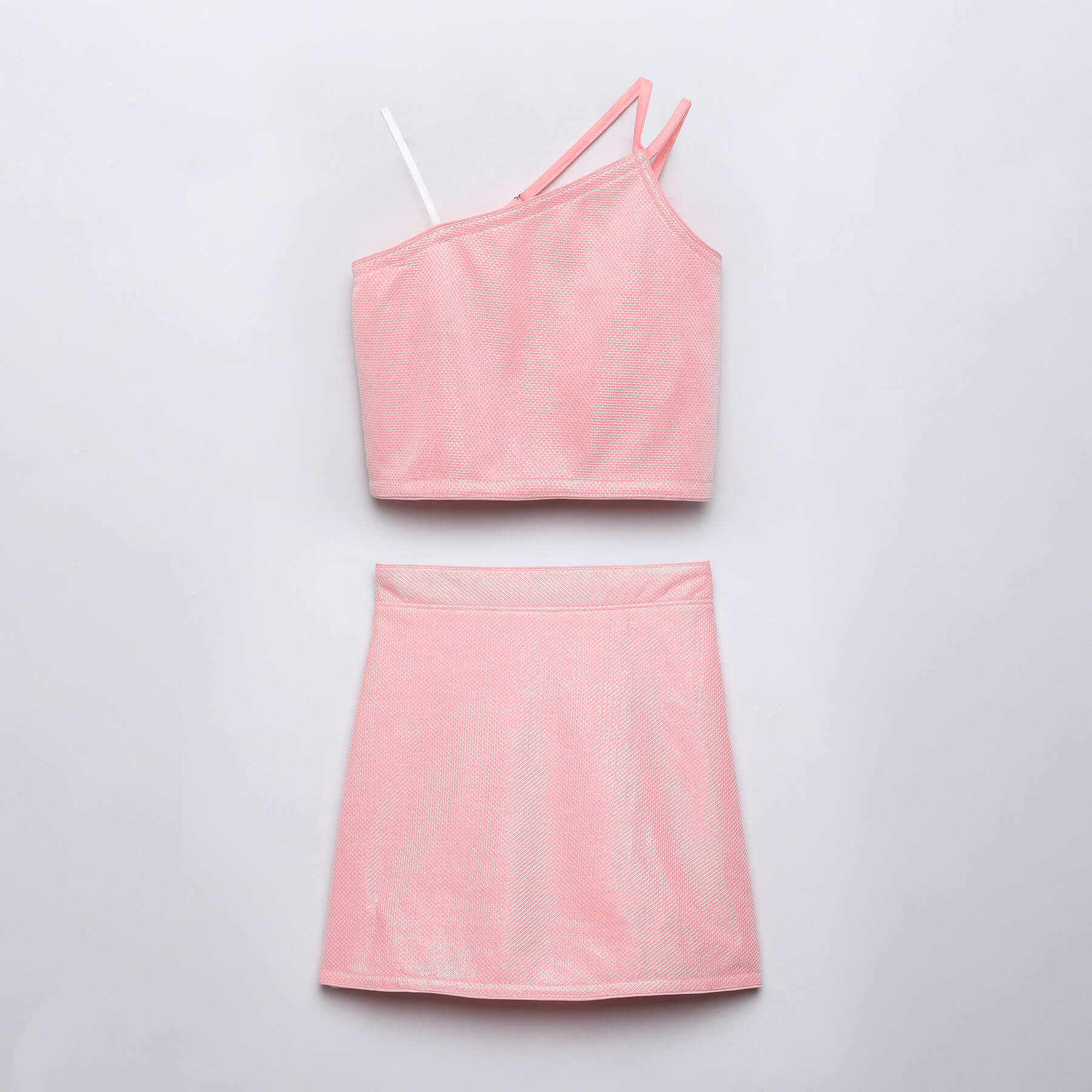 lurex sleeveless asymmetric neck party crop top and matching skirt co-ord set-Peach