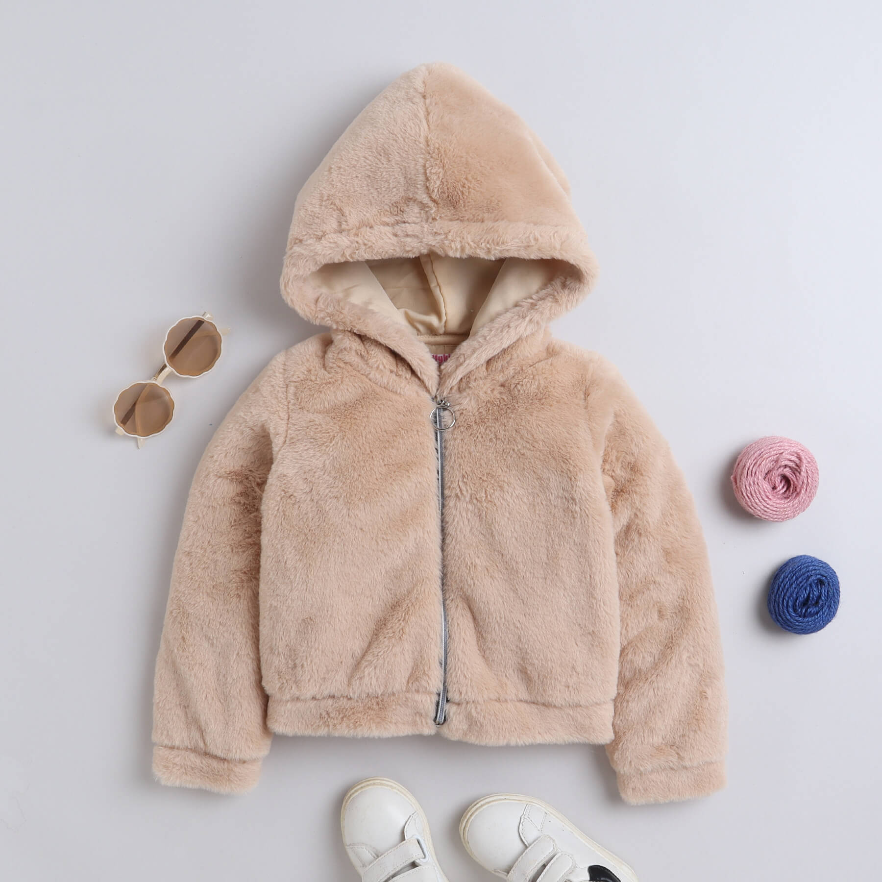 Fur full sleeves zip up hoodie-Beige