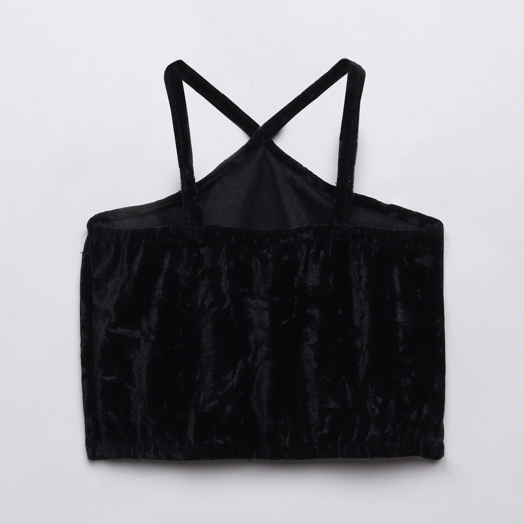 Velvet halter neck cut out detail party crop top-Black