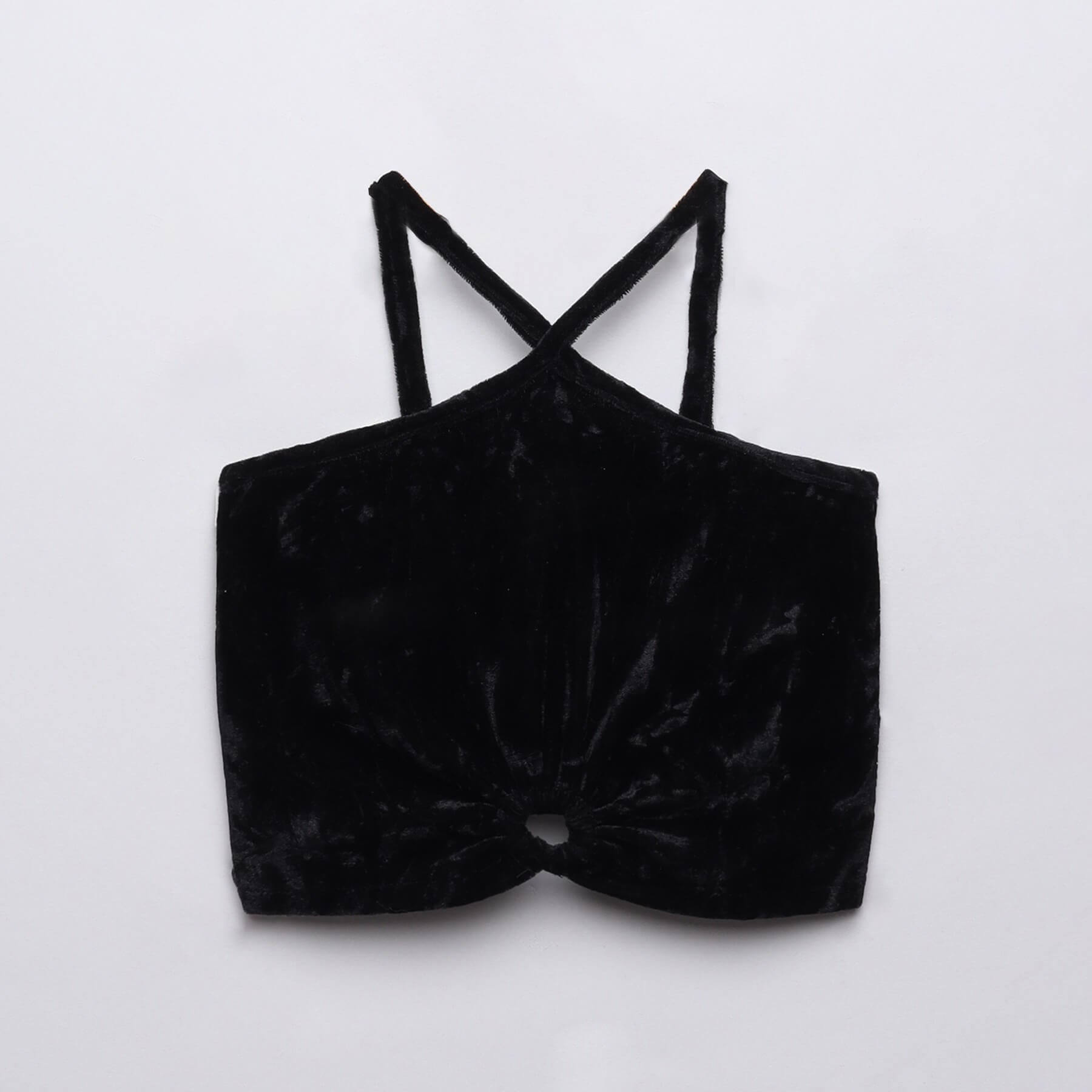 Velvet halter neck cut out detail party crop top-Black