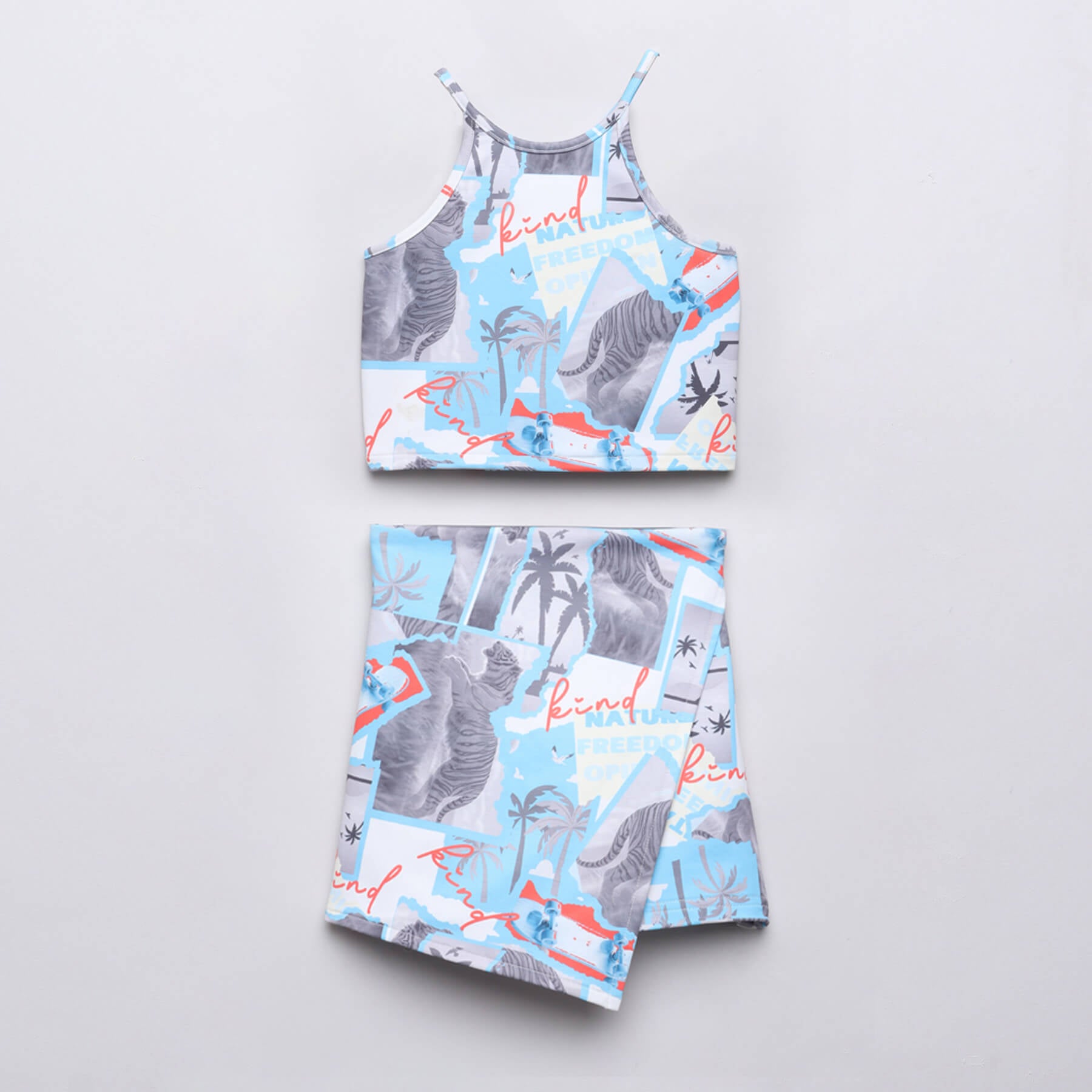 patch work printed halter neck crop top and matching skorts set-blue/multi