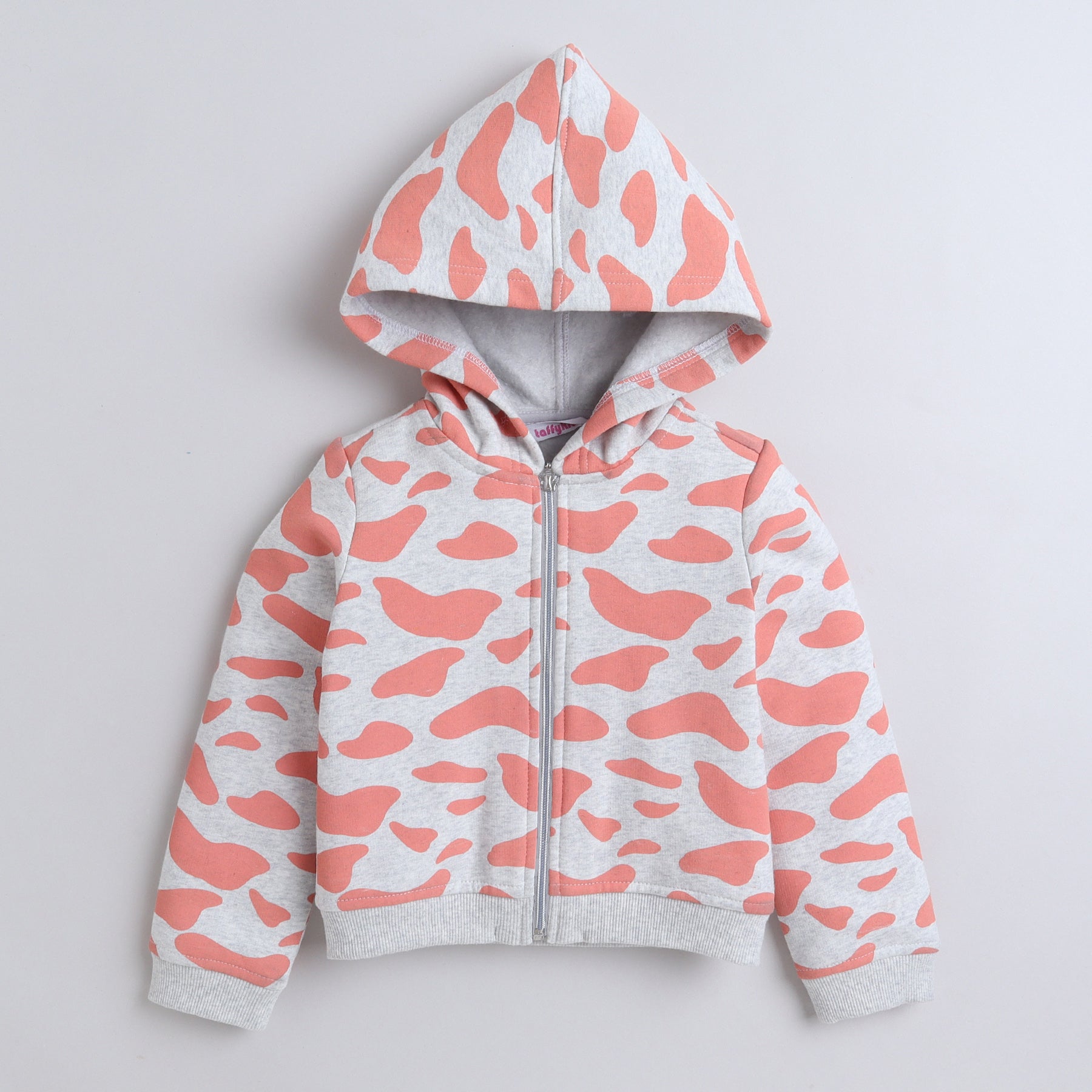 Animal printed full sleeves zip up winter hoodie-Peach/Grey