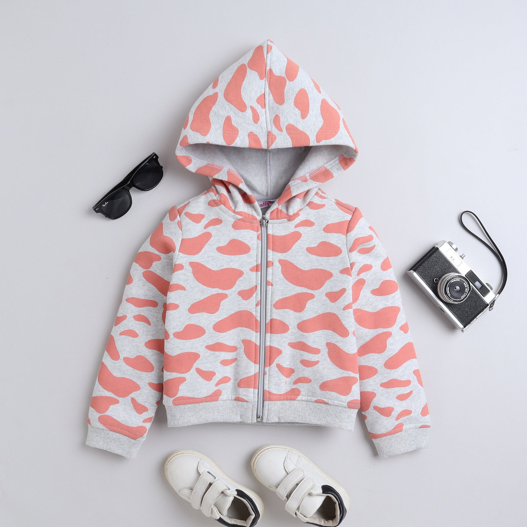 Animal printed full sleeves zip up winter hoodie-Peach/Grey