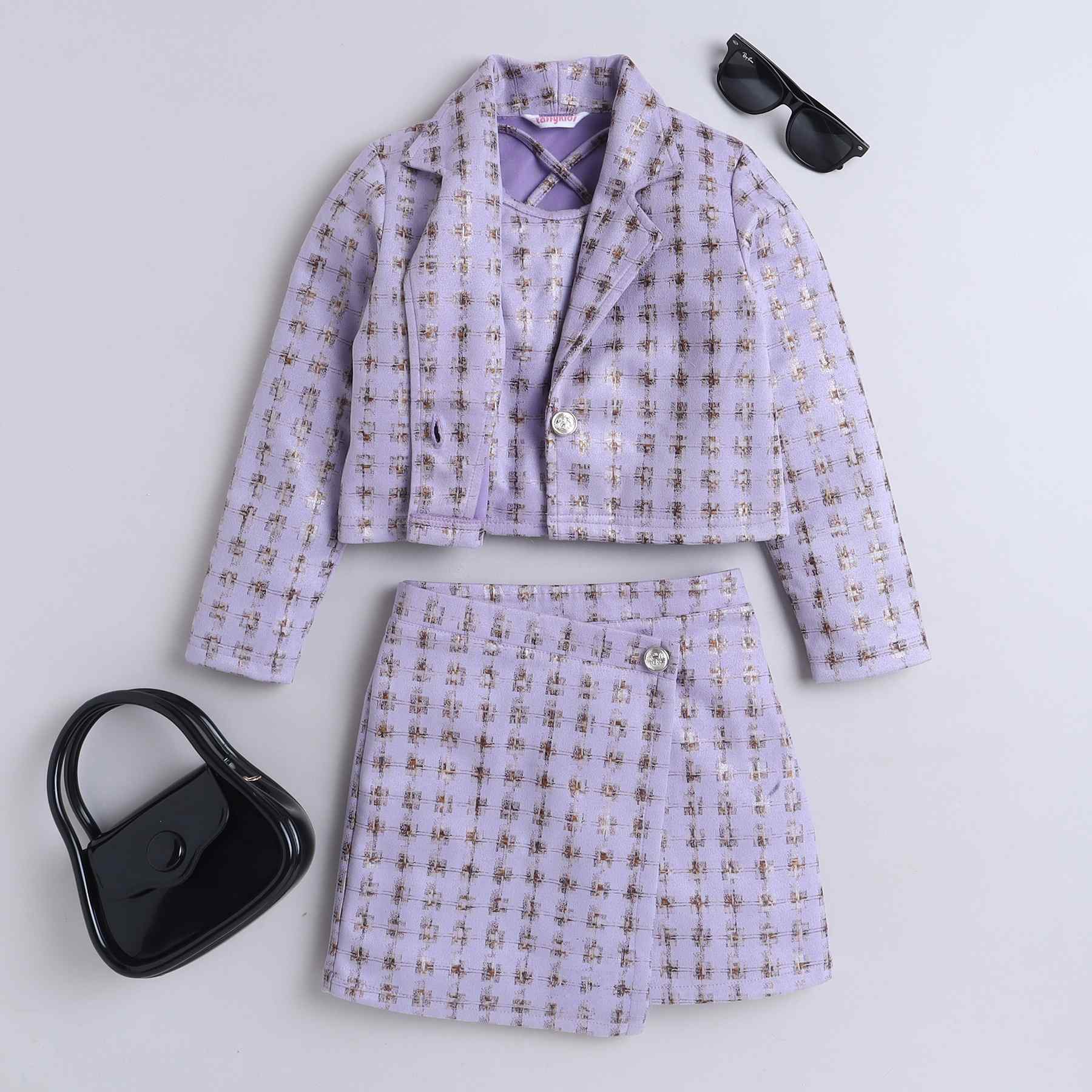 full sleeves crop blazer with matching crop top and panel skirt set-Purple