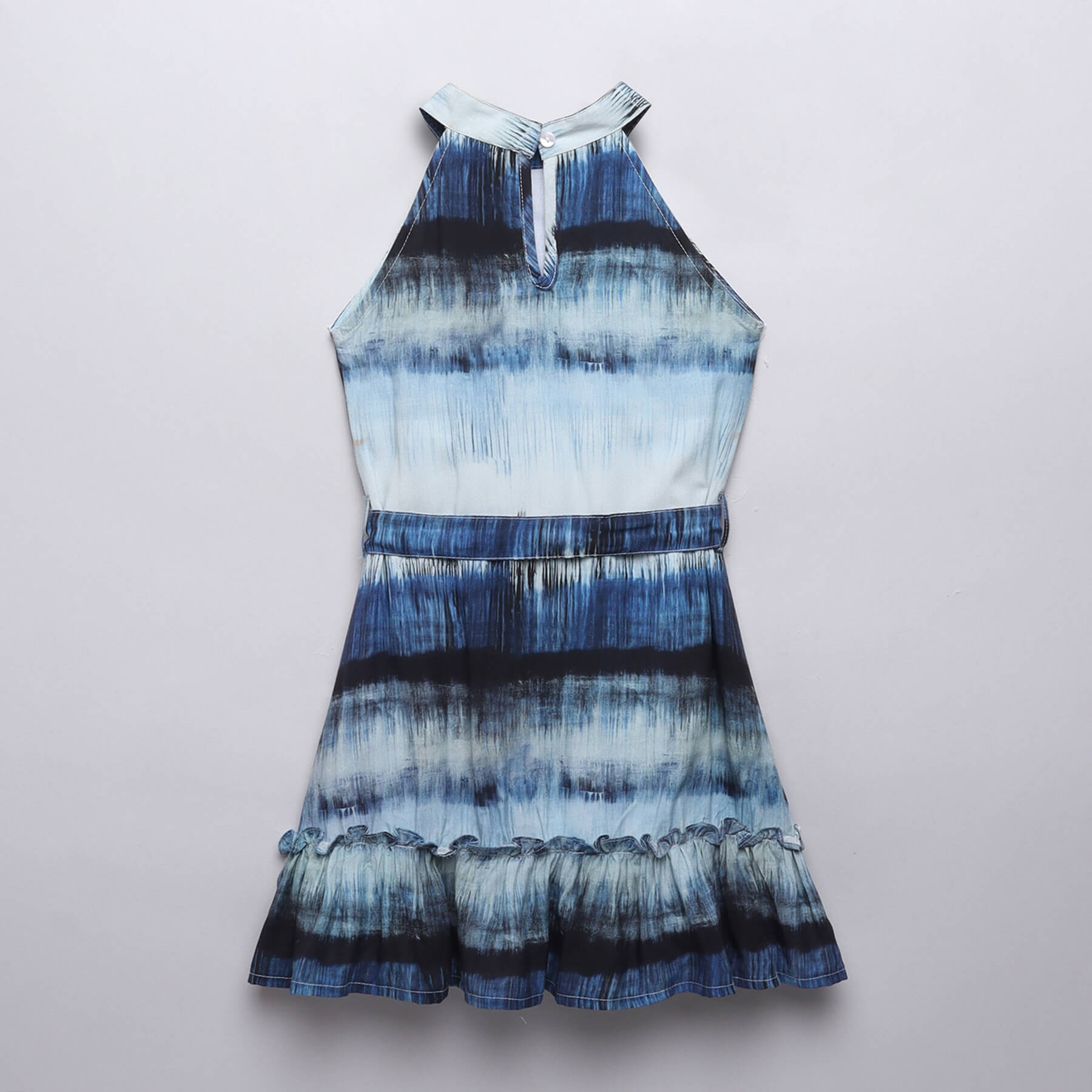 Abstract printed halter neck A-line dress with tie-up belt-Blue/Multi