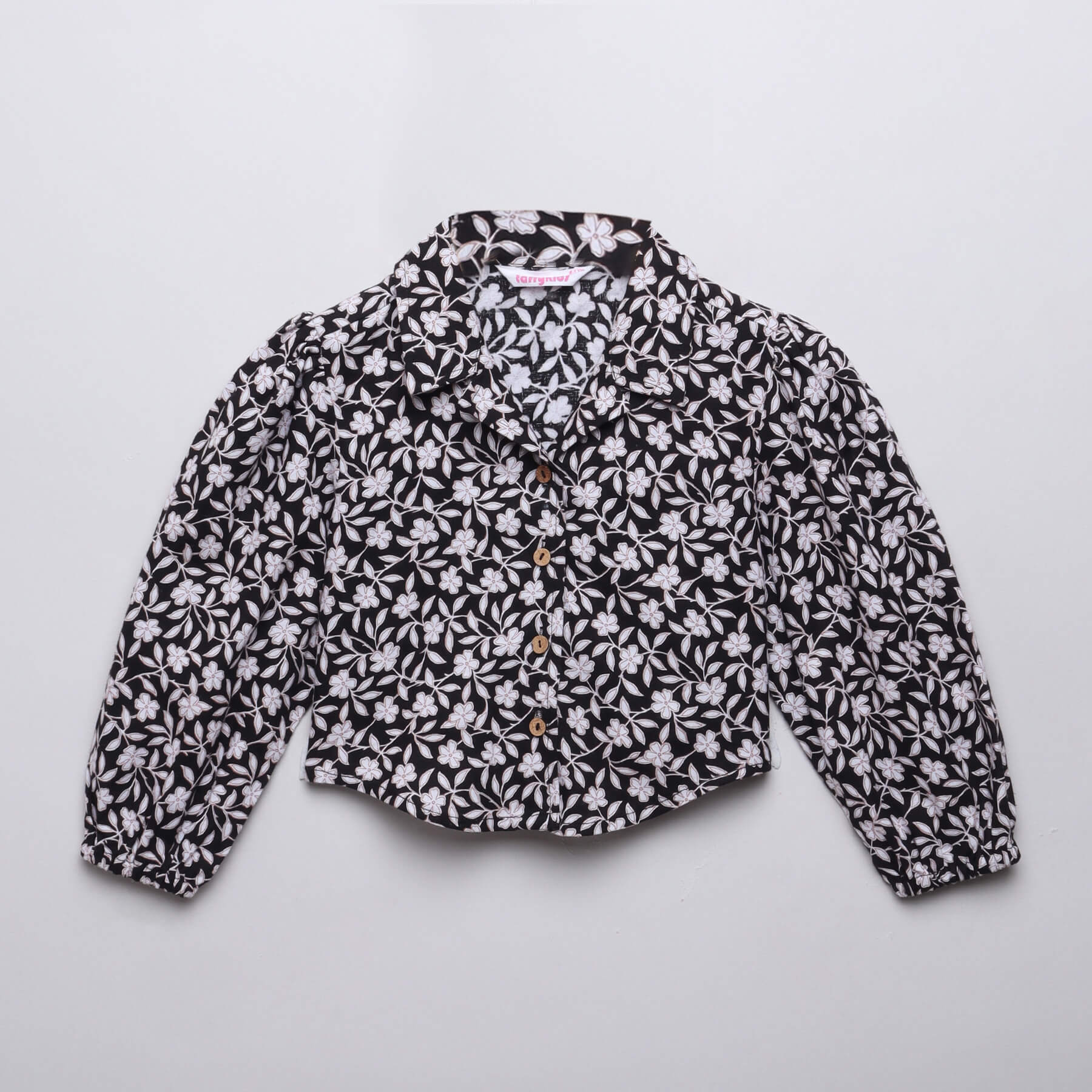 Puff sleeves floral printed button up shirt-Black & Brown