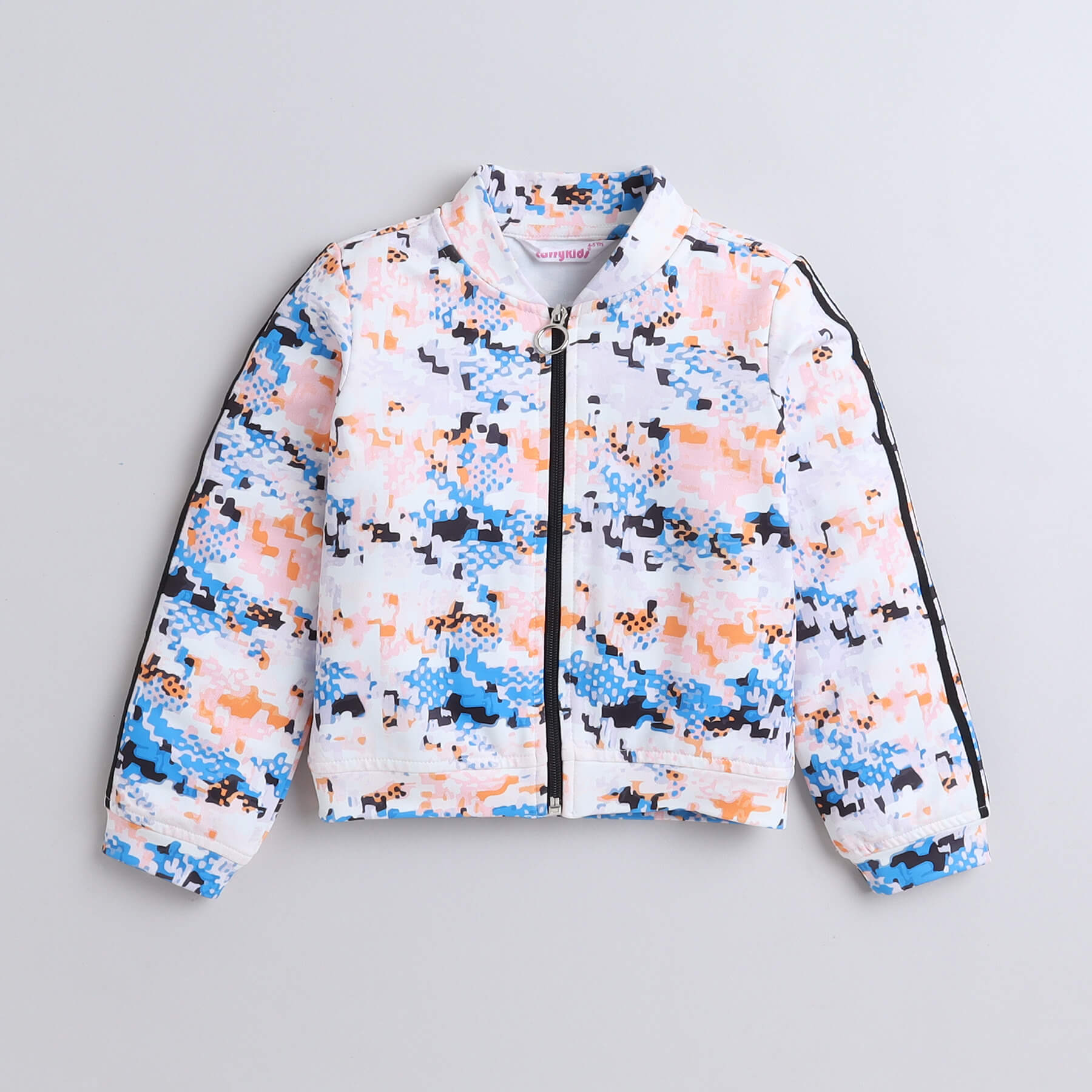 Abstract printed tape detail full sleeves zip up jacket with matching pant set-White/Multi