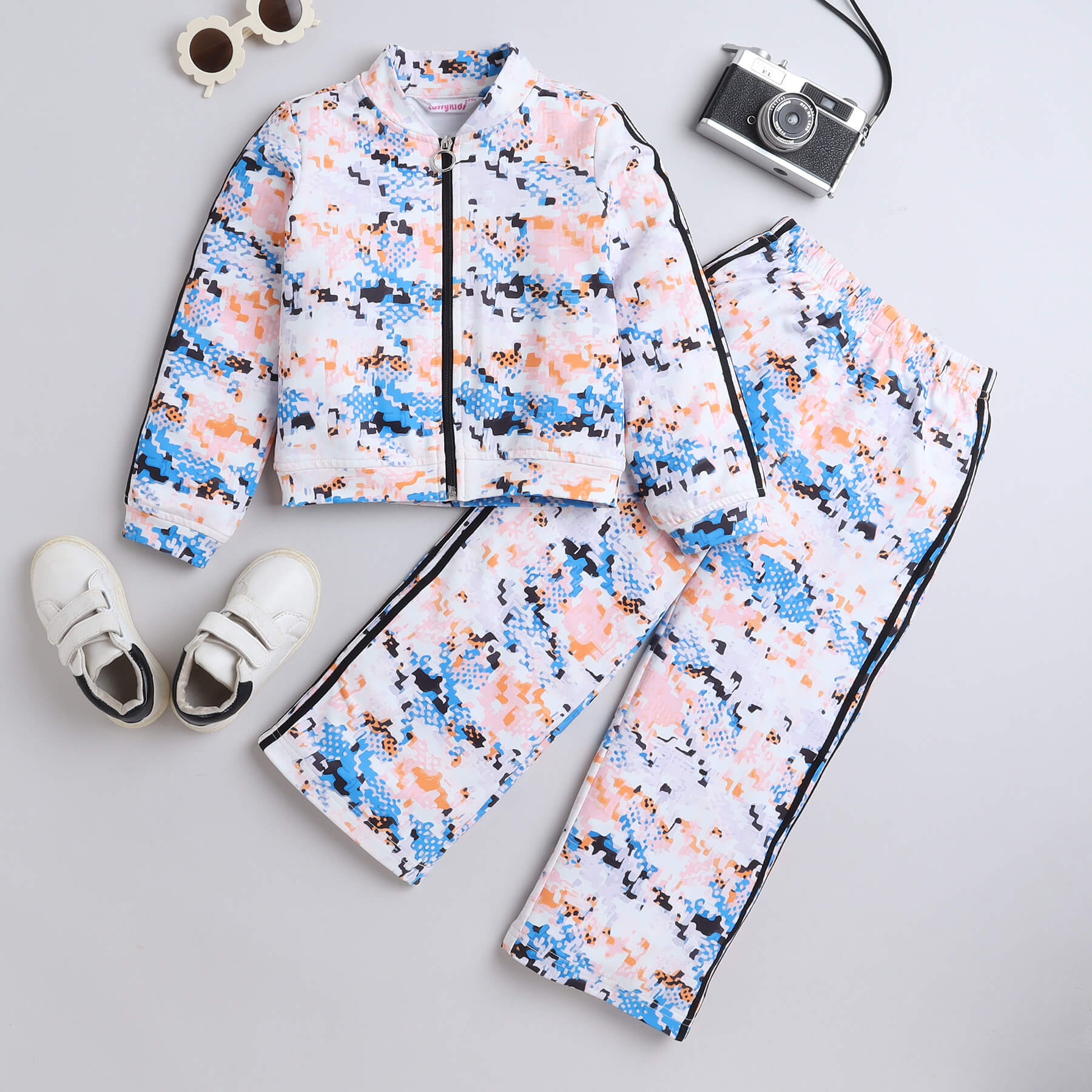 Abstract printed tape detail full sleeves zip up jacket with matching pant set-White/Multi