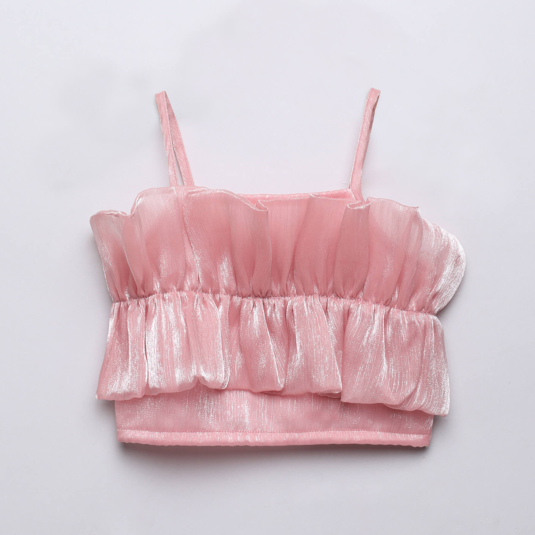 Ruffle detail party crop top and bell bottom pant set- Pink/Yellow