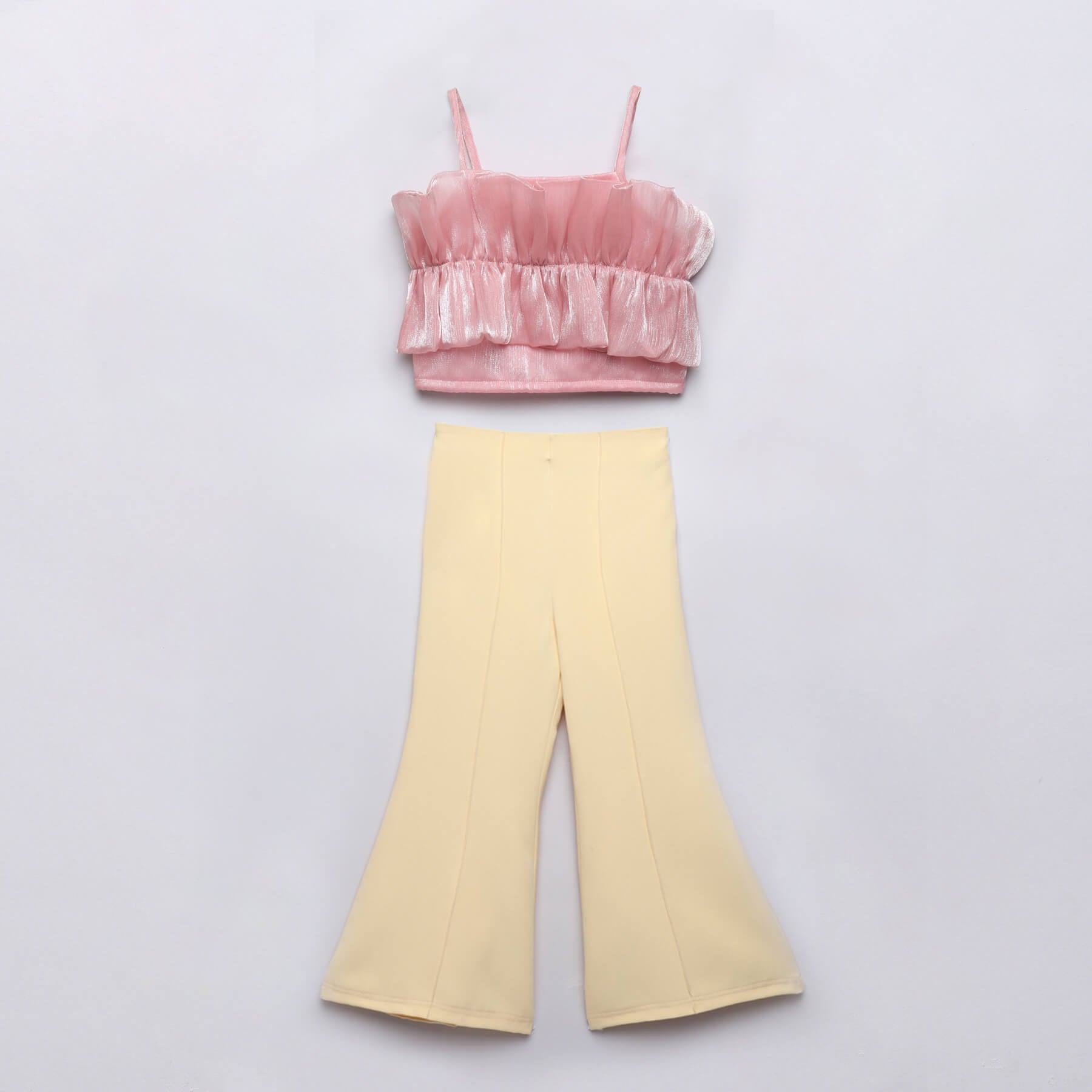 Ruffle detail party crop top and bell bottom pant set- Pink/Yellow