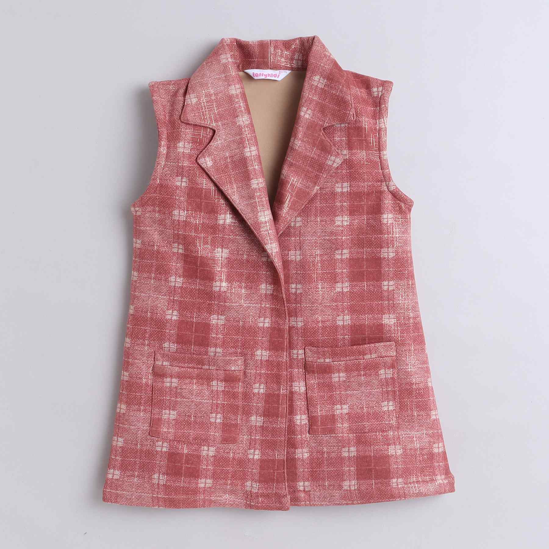 checks and foil printed sleeveless jacket with matching crop top and pant set-peach rust