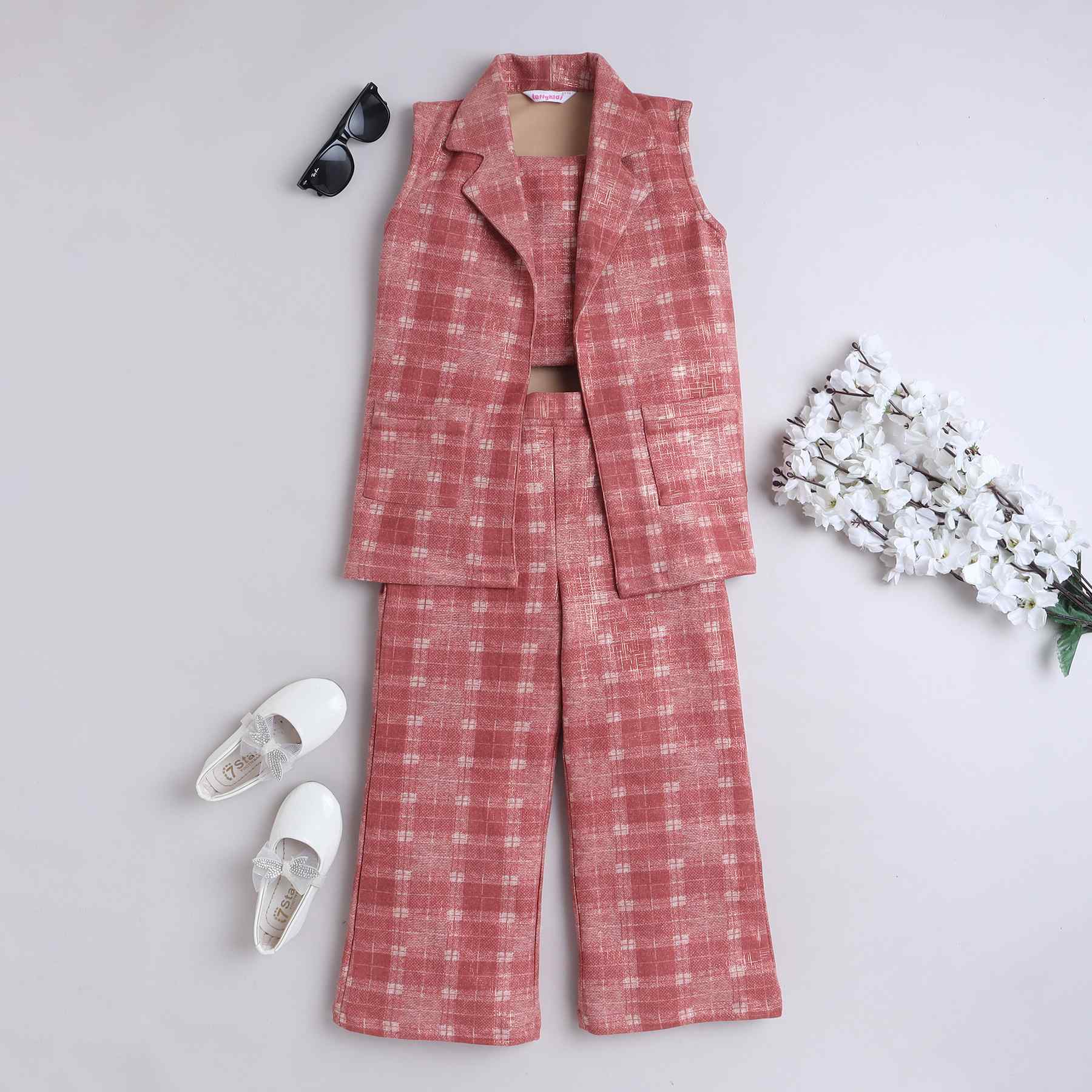 checks and foil printed sleeveless jacket with matching crop top and pant set-peach rust