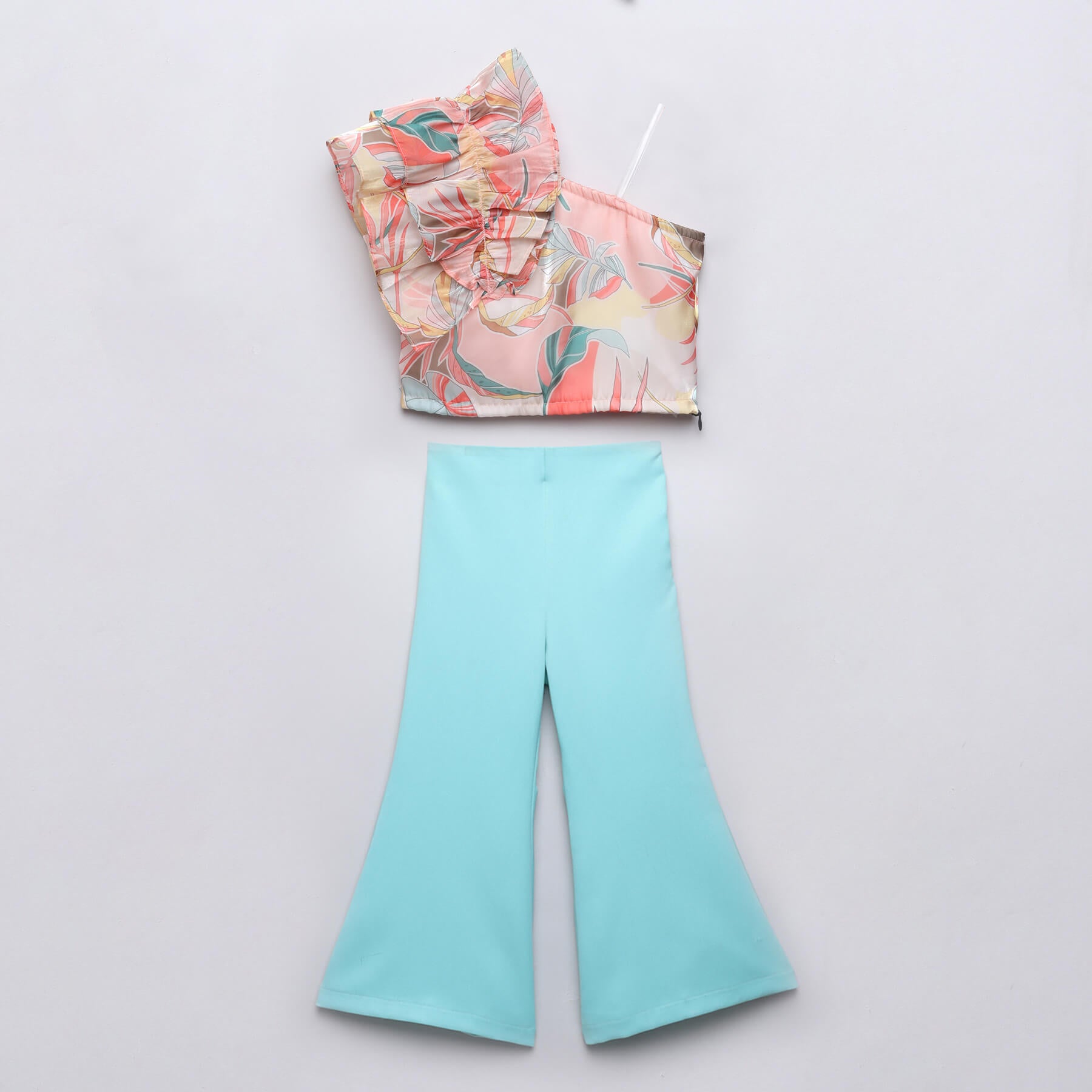 Tropical printed one shoulder ruffle detail crop top and pant set