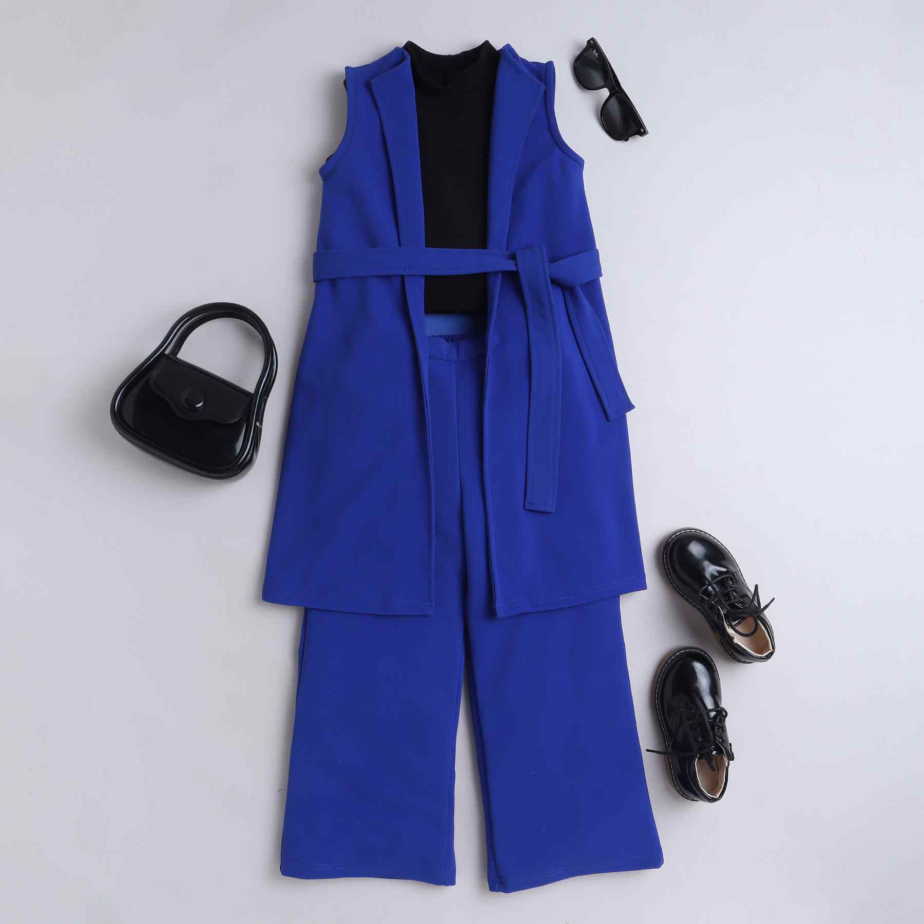 solid sleeveless belt detail long jacket with matching pant and high neck crop top set-Royal blue/Black