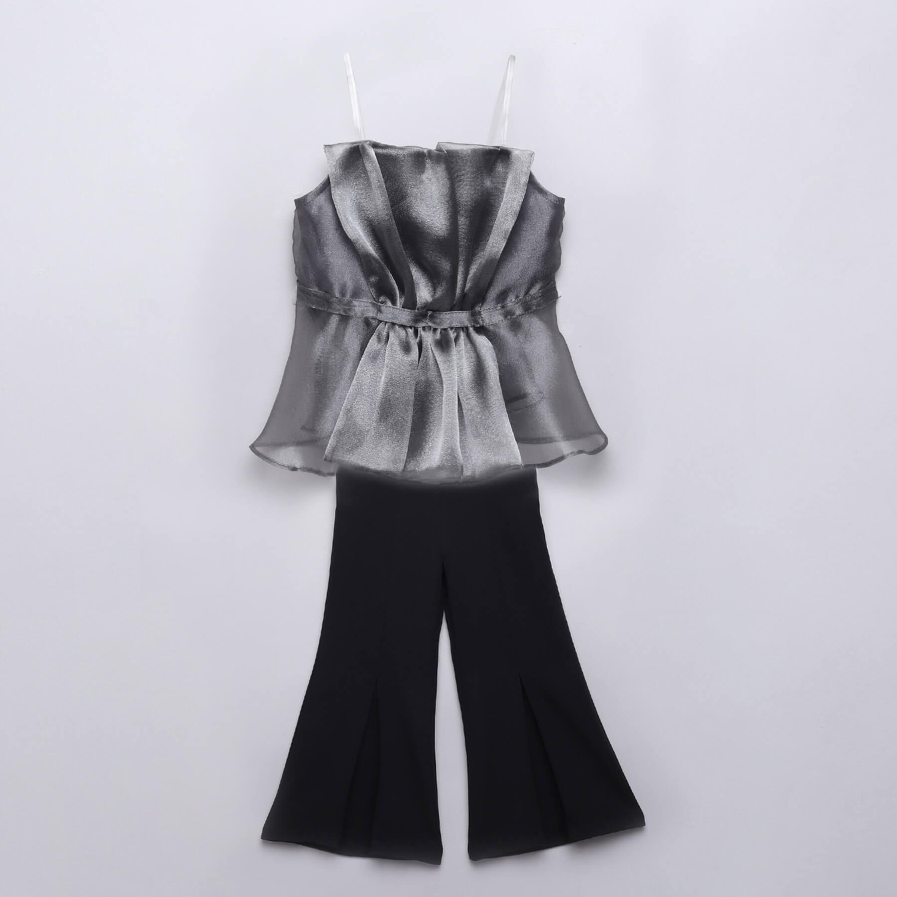 organza ruffle peplum party top and slit bell bottom pant set-Grey/black