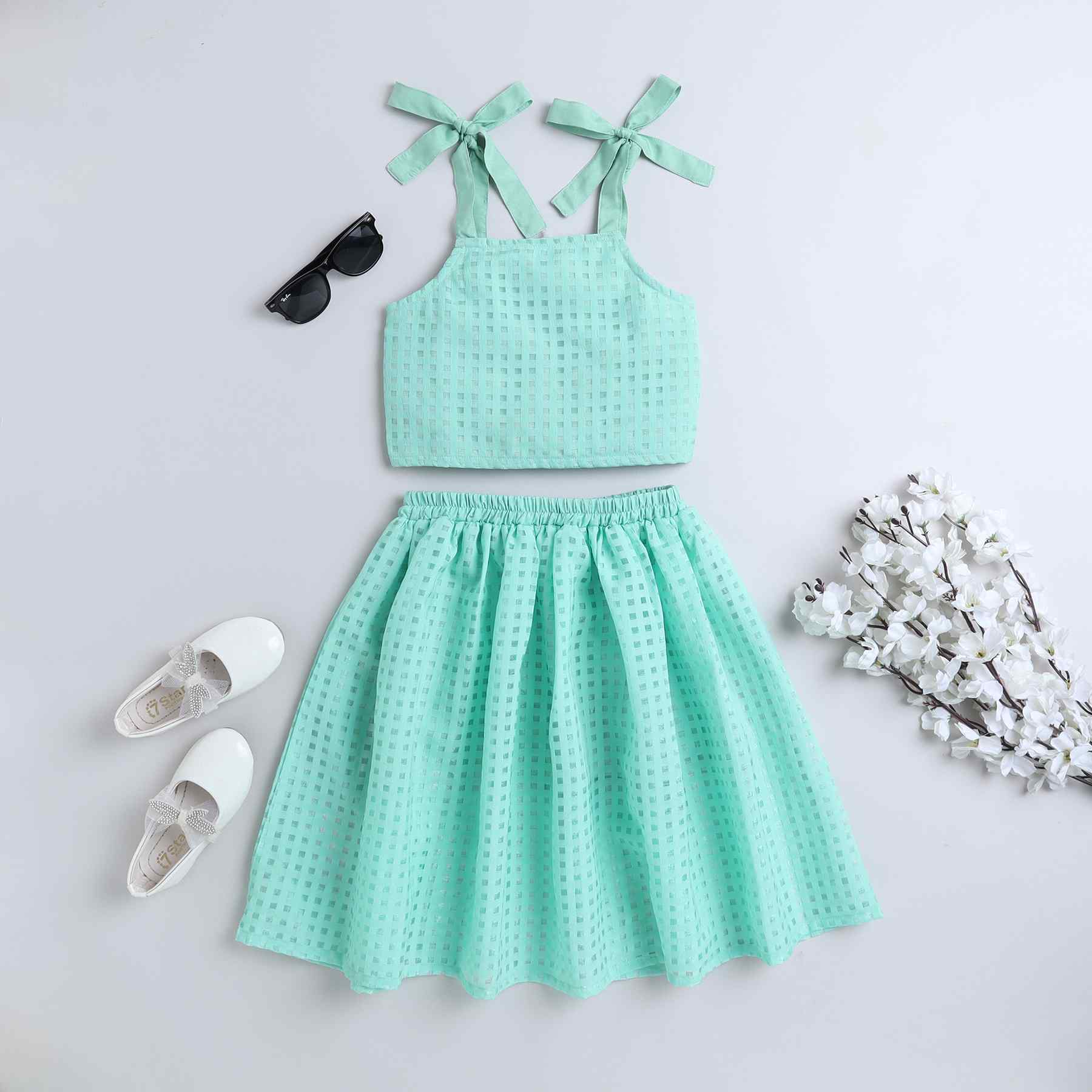 organza checks Shoulder tie-up crop top and matching Skirt set-Green