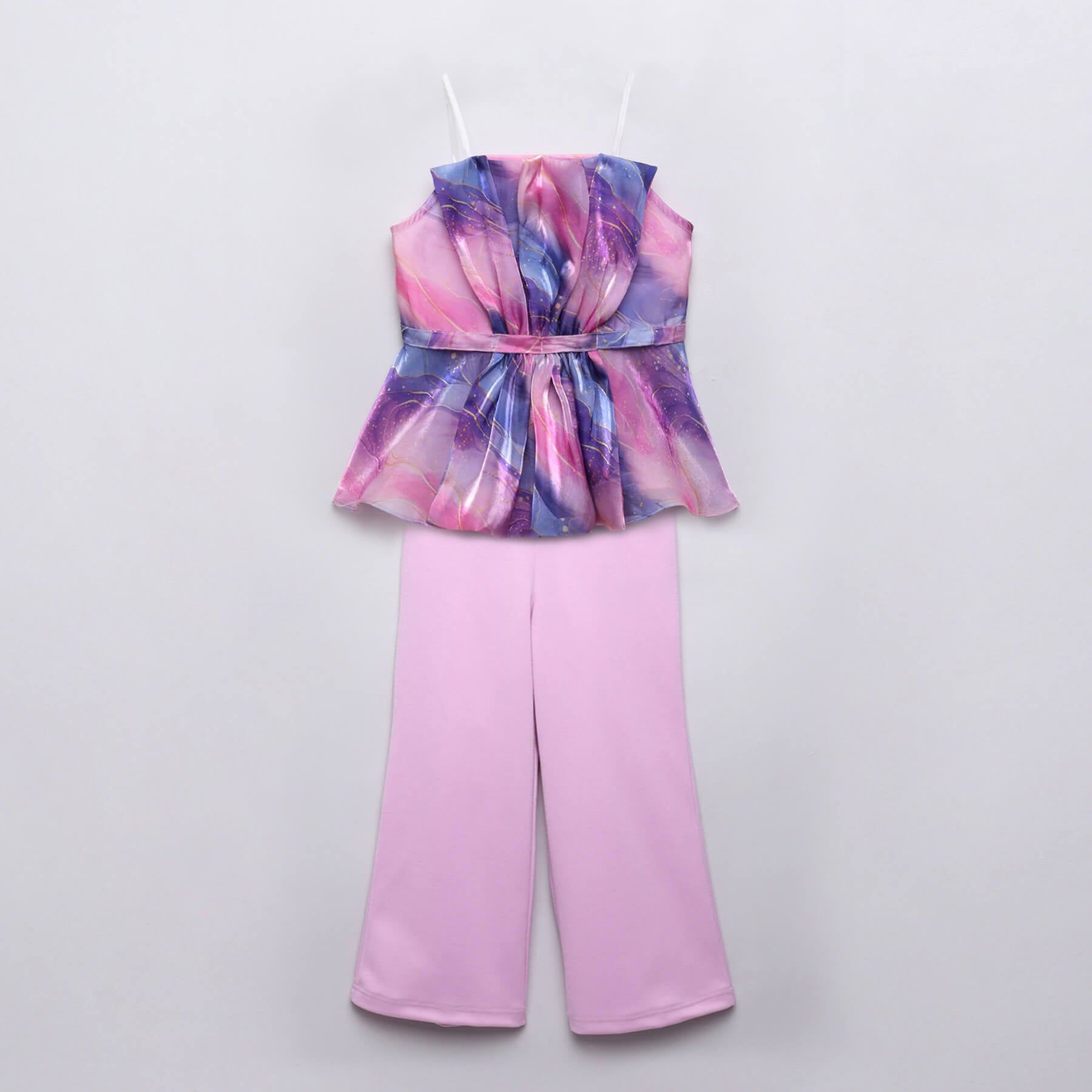 abstract printed organza ruffle peplum party top and solid pant set-Pink/Multi