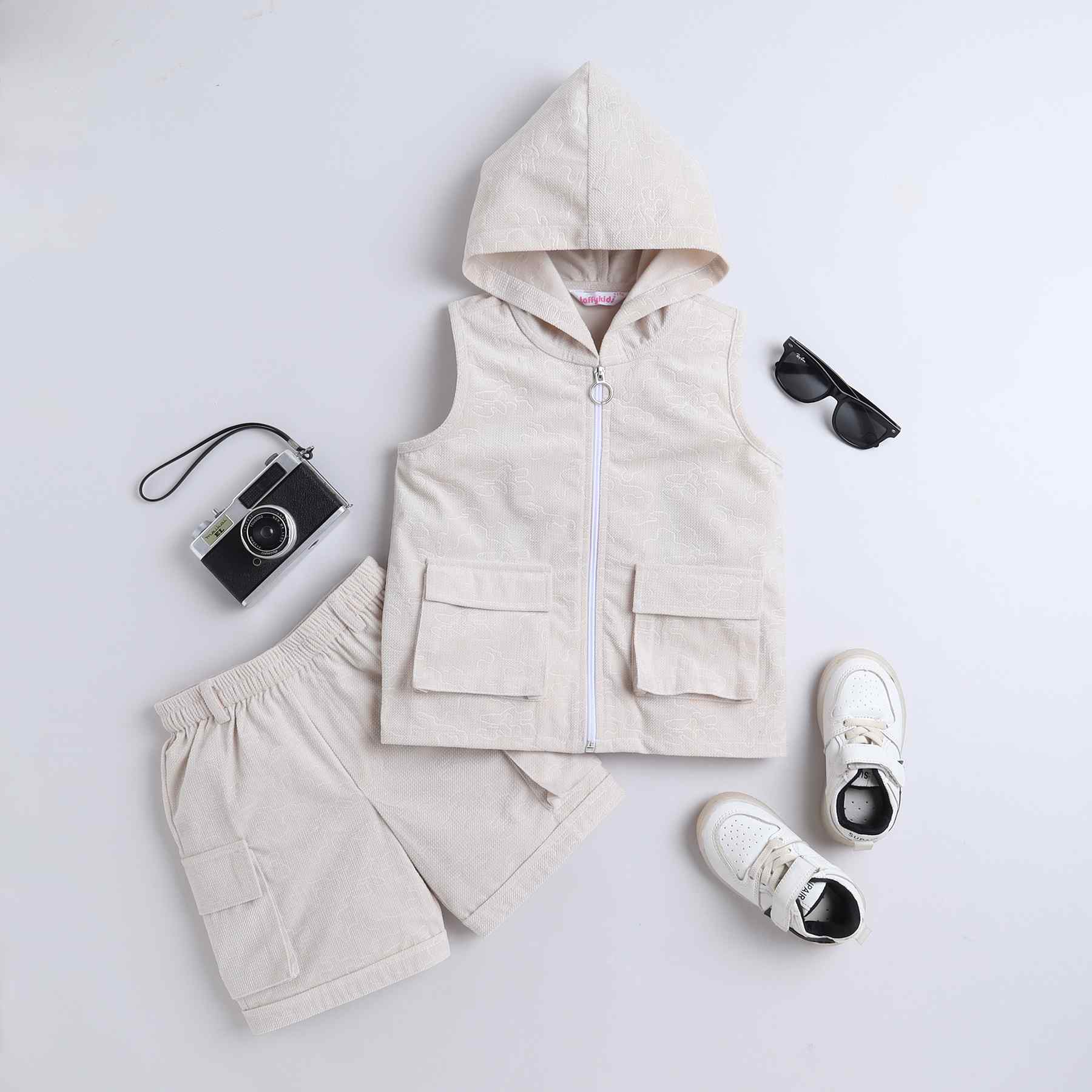 sleeveless zip up hoodie with matching cargo shorts-Off white