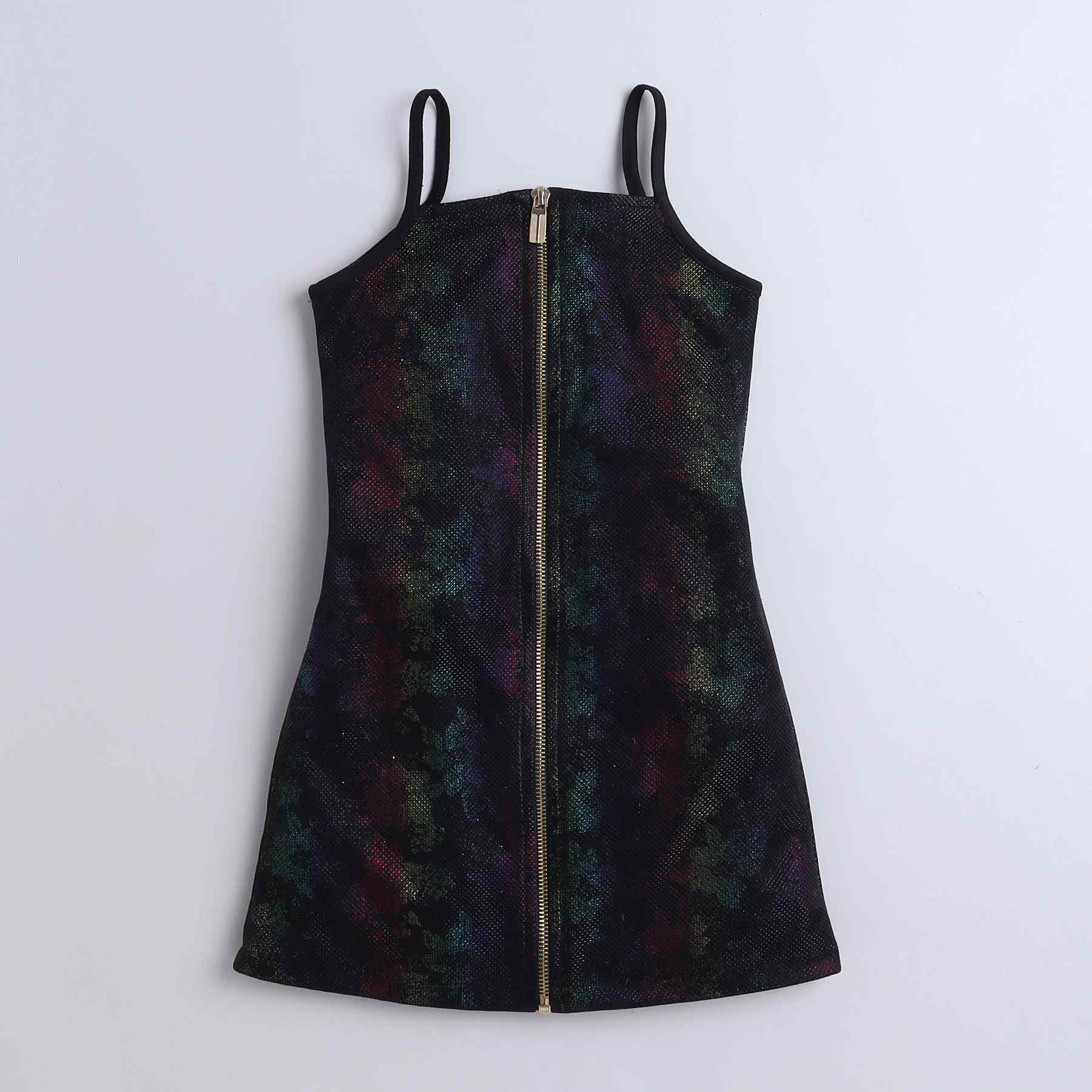 foil printed front zip up singlet party dress-Black/Multi