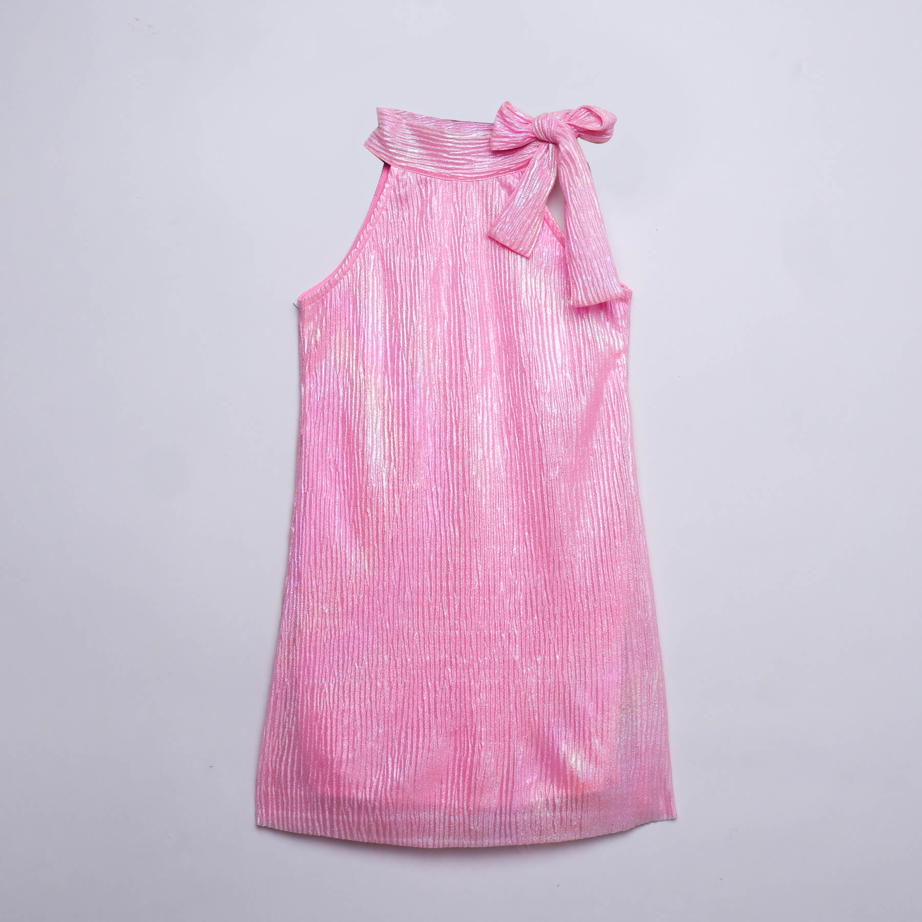 holographic pleated texture sleeveless halter scarf neck party dress-Pink