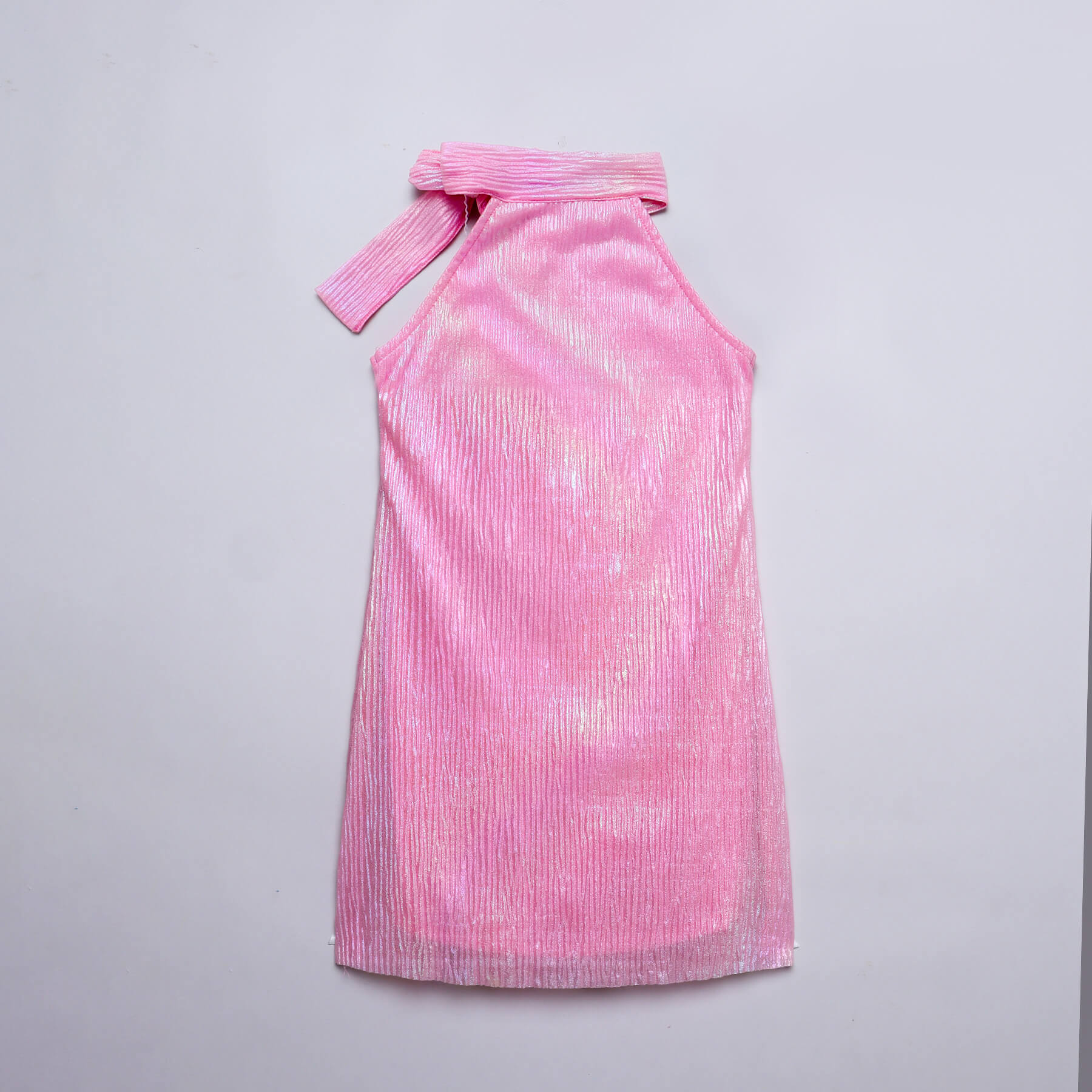 holographic pleated texture sleeveless halter scarf neck party dress-Pink