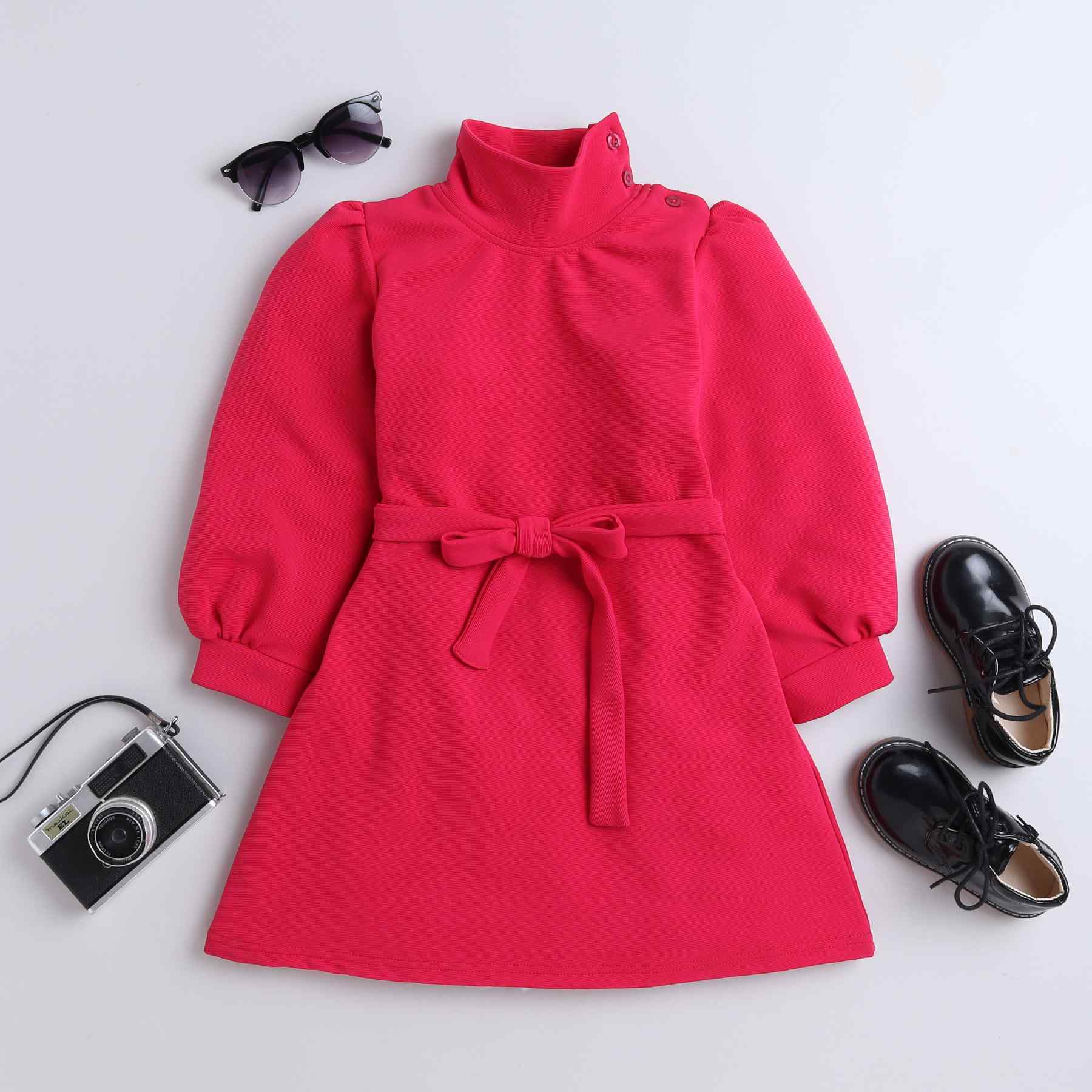 textured high neck full sleeves A-line dress with belt-Pink