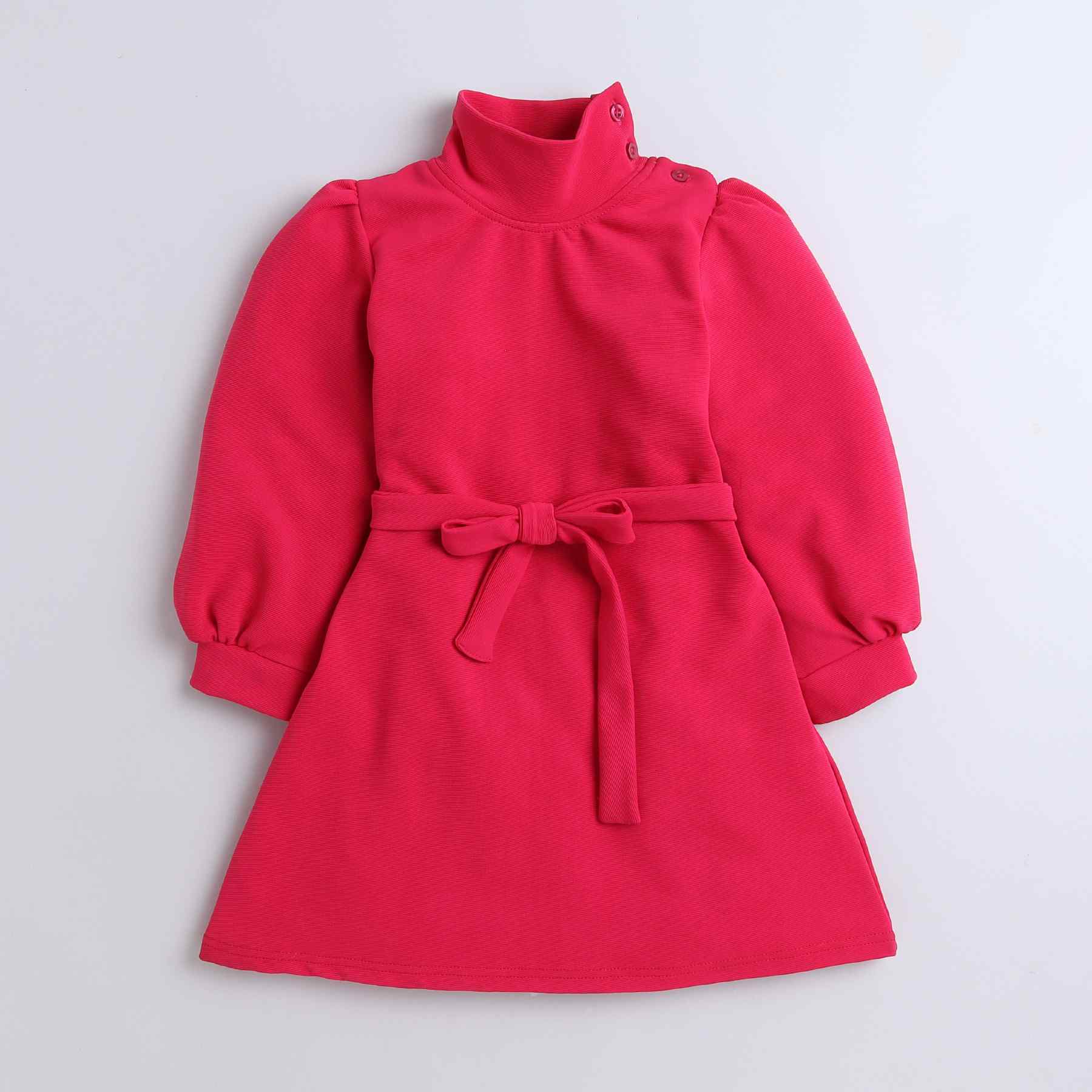 textured high neck full sleeves A-line dress with belt-Pink