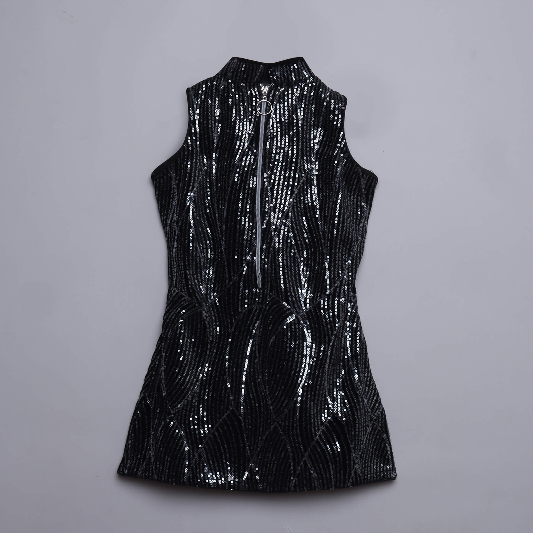 high neck sleeveless A-line party Sequin dress Black/Silver