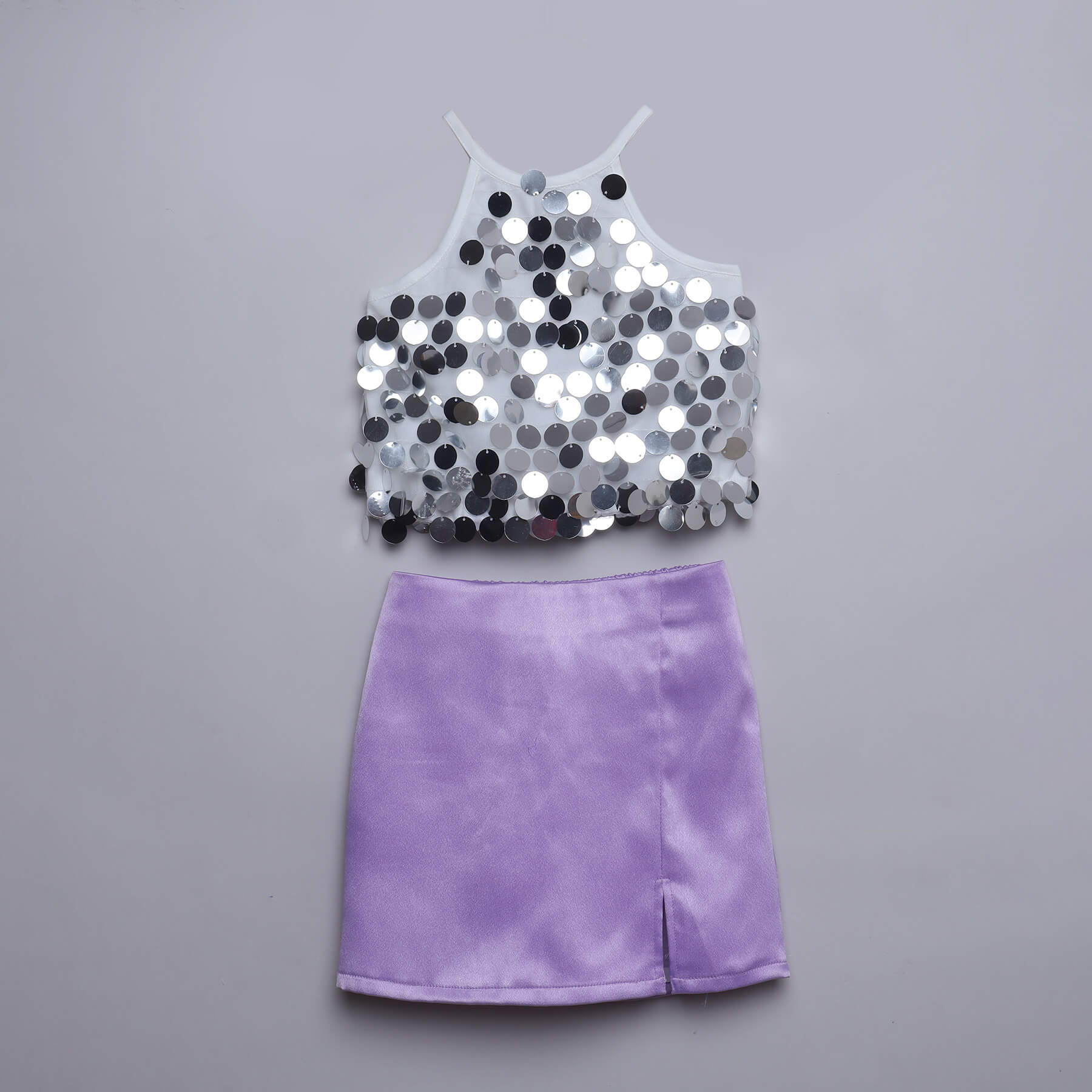 sequins embellish halter party crop top and satin slit skirt set-White/Purple