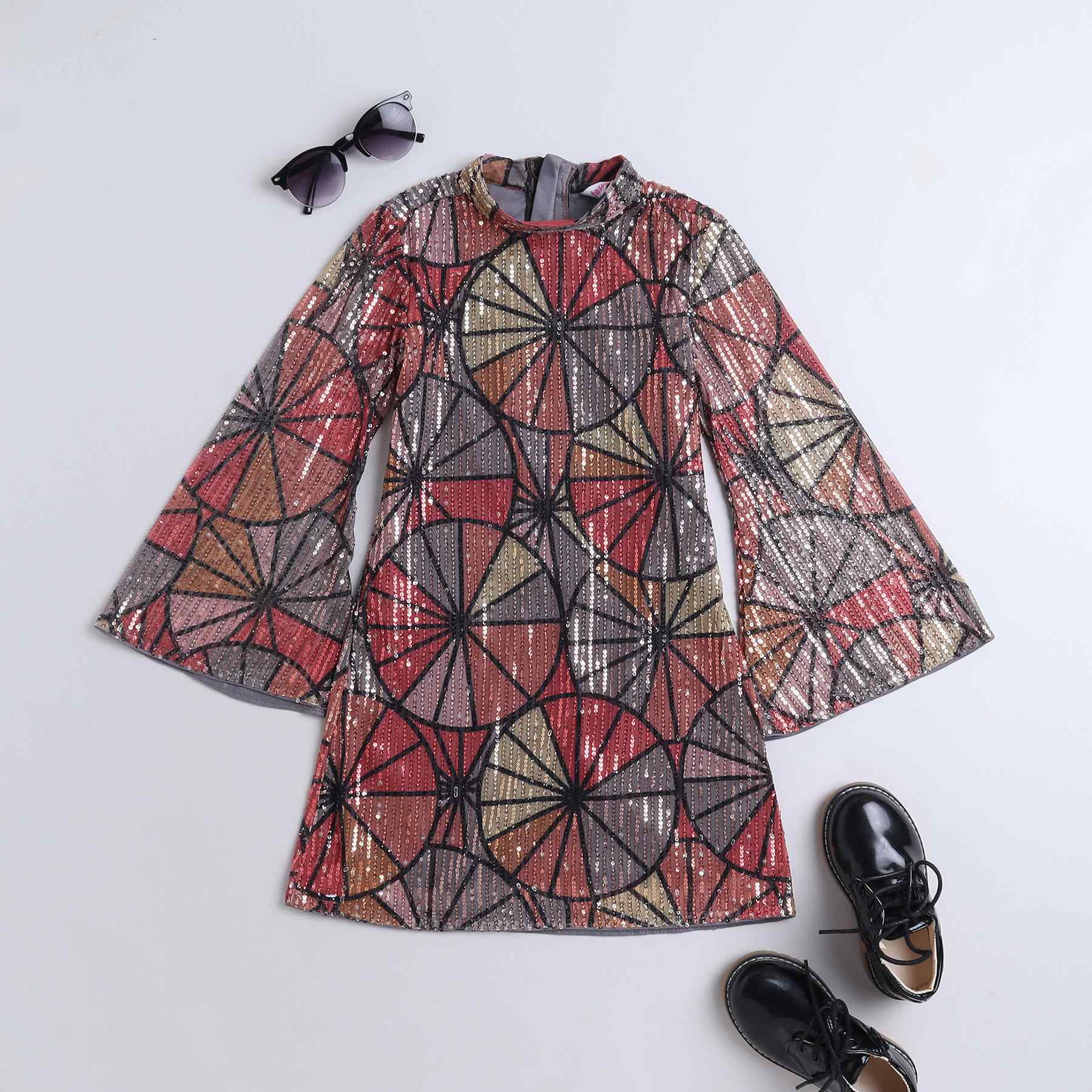 sequins embellished geometric printed full sleeves Aline party dress-Multi