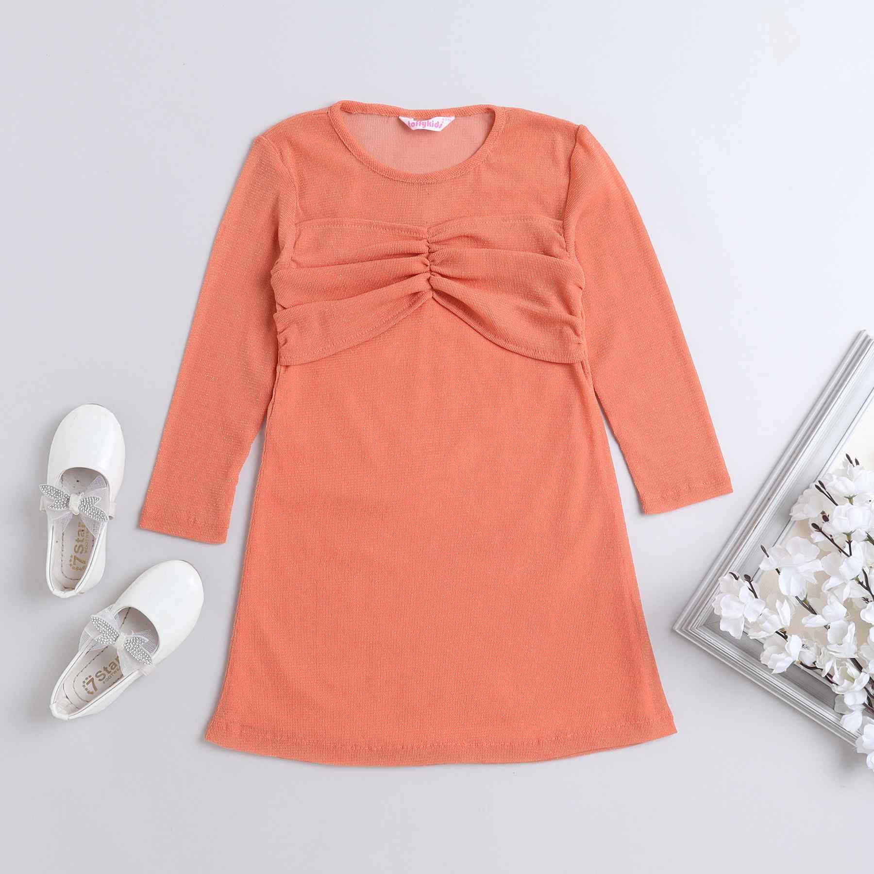 glittered mesh full sleeves front ruched party dress-Orange