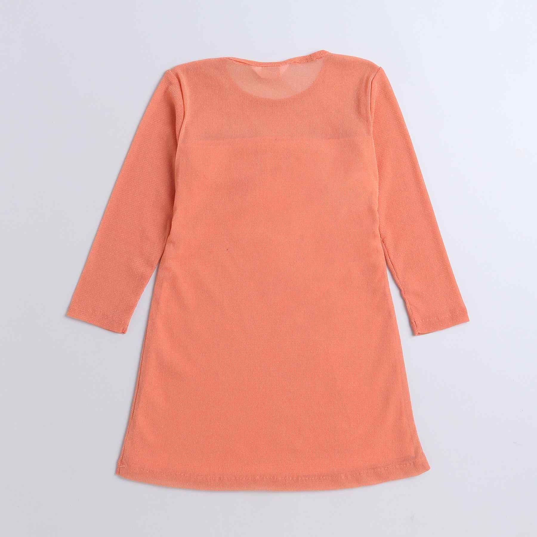 glittered mesh full sleeves front ruched party dress-Orange