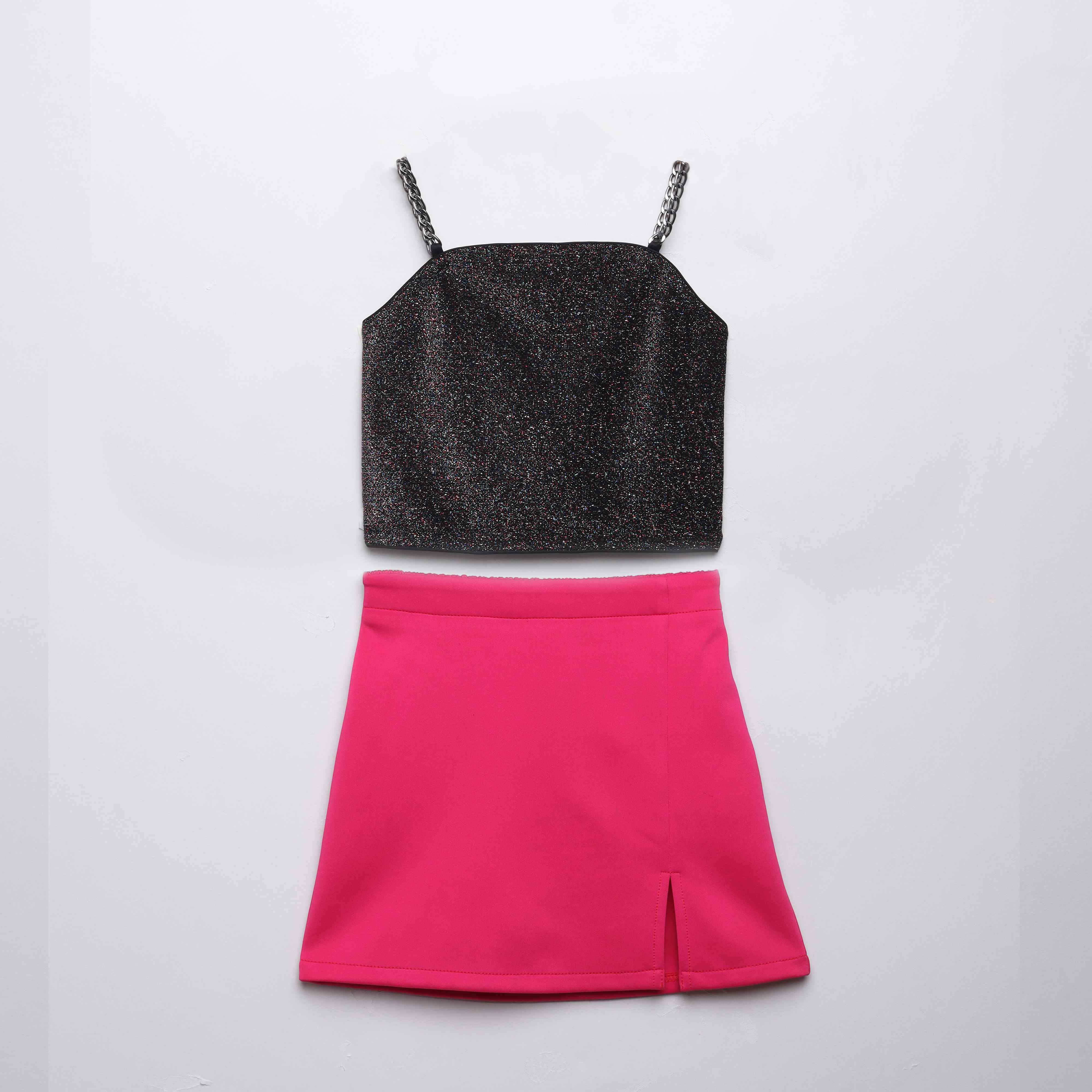 chain strap detail party crop top and skirt set-Black/Pink