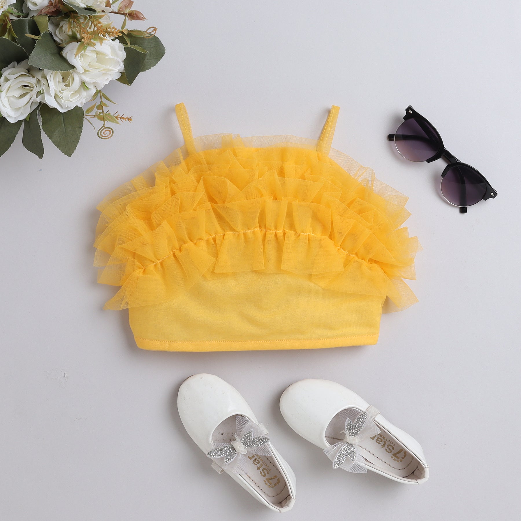 ruffle detail singlet party crop top-Yellow